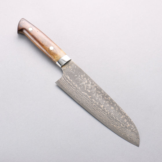 Takeshi Saji VG10w Damascus Gold Colored Santoku 180mm Brown Cow Bone Handle - Seisuke Knife