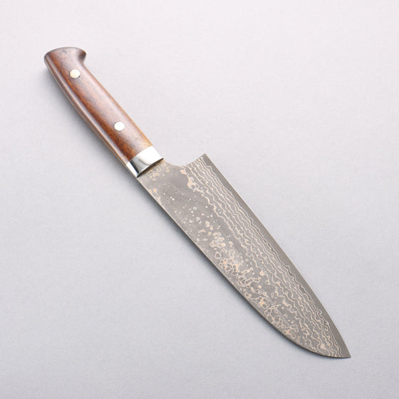 Takeshi Saji VG10w Damascus Gold Colored Santoku 180mm Brown Cow Bone Handle - Seisuke Knife