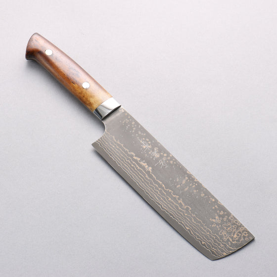 Takeshi Saji VG10w Damascus Gold Colored Nakiri 165mm Brown Cow Bone Handle - Seisuke Knife