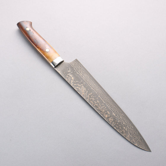 Takeshi Saji VG10w Damascus Gold Colored Gyuto 240mm Brown Cow Bone Handle - Seisuke Knife