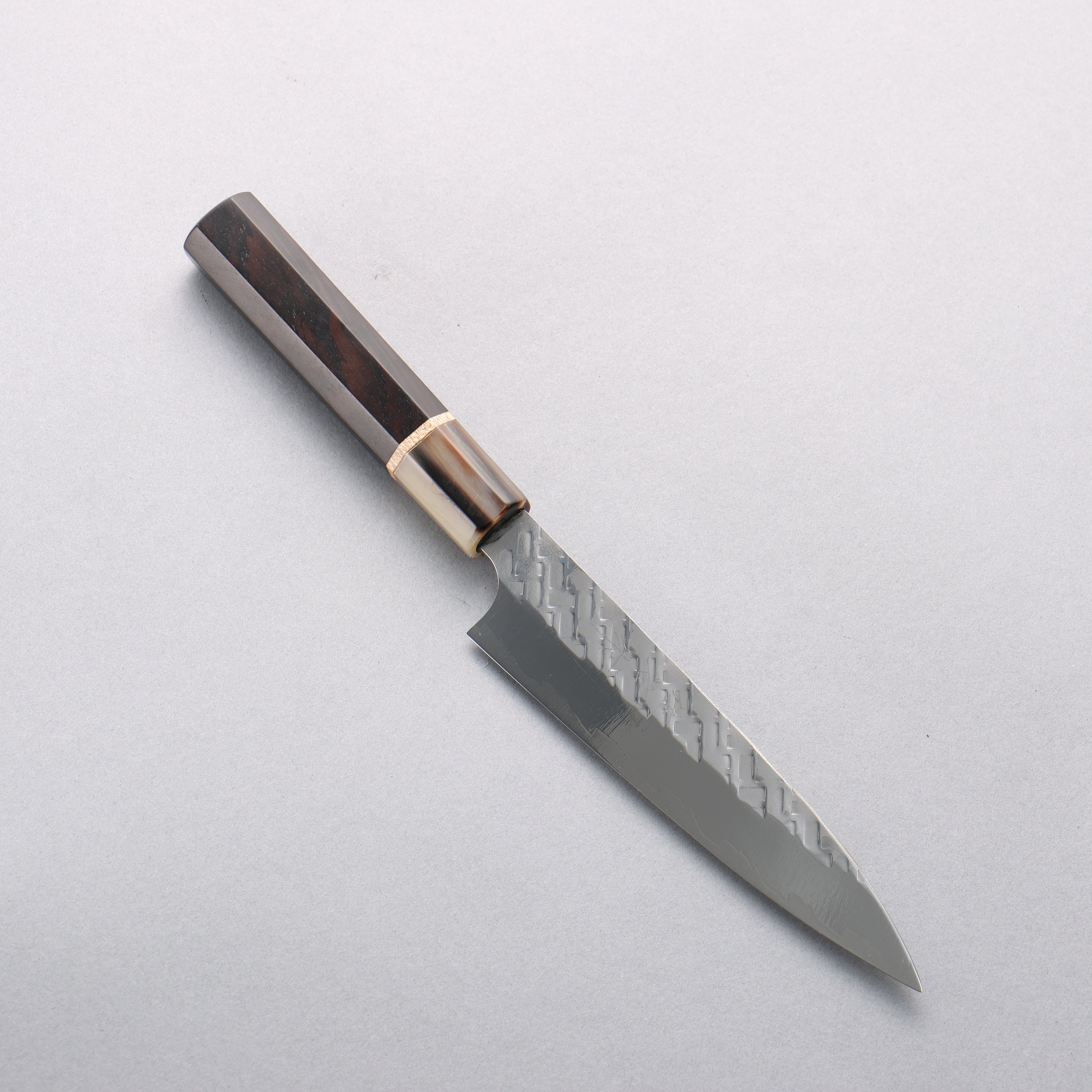 Takeshi Saji SPG STRIX Hammered Migaki Finished Petty-Utility 120mm Ebony Wood (ferrule: Marbled Water Buffalo Horn) Handle - Seisuke Knife