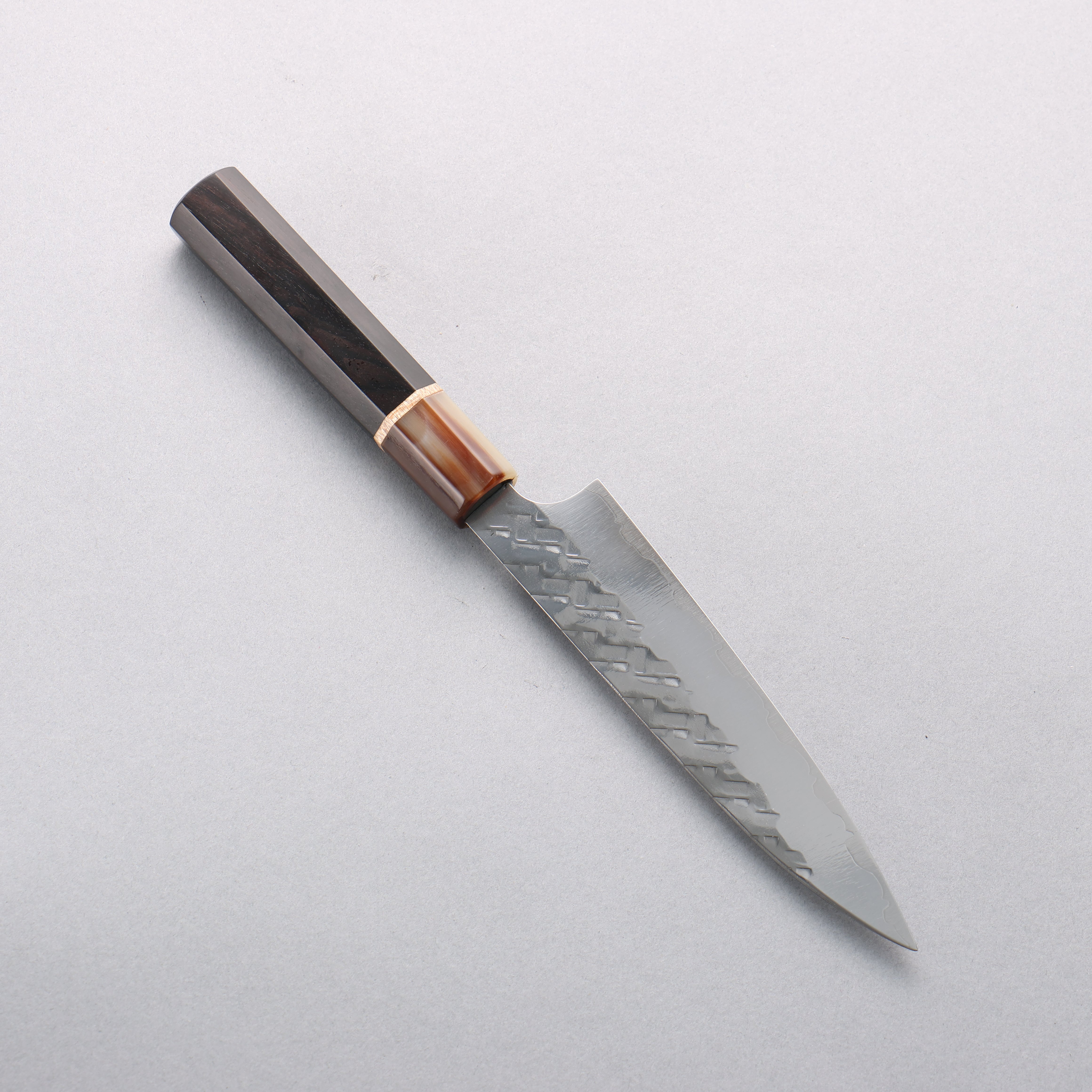 Takeshi Saji SPG STRIX Hammered Migaki Finished Petty-Utility 120mm Ebony Wood (ferrule: Marbled Water Buffalo Horn) Handle - Seisuke Knife