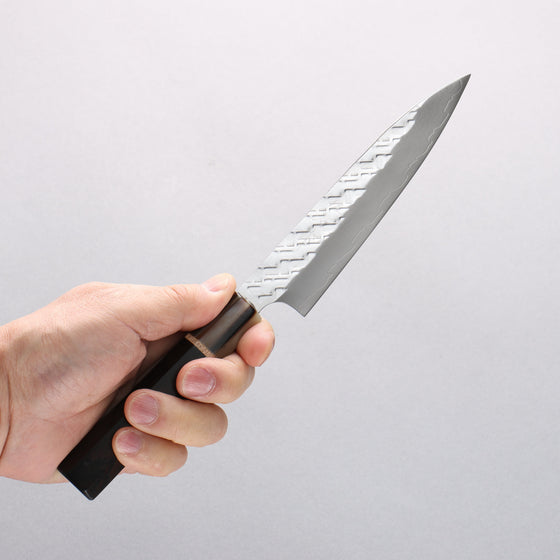 Takeshi Saji SPG STRIX Hammered Migaki Finished Petty-Utility 120mm Ebony Wood (ferrule: Marbled Water Buffalo Horn) Handle - Seisuke Knife