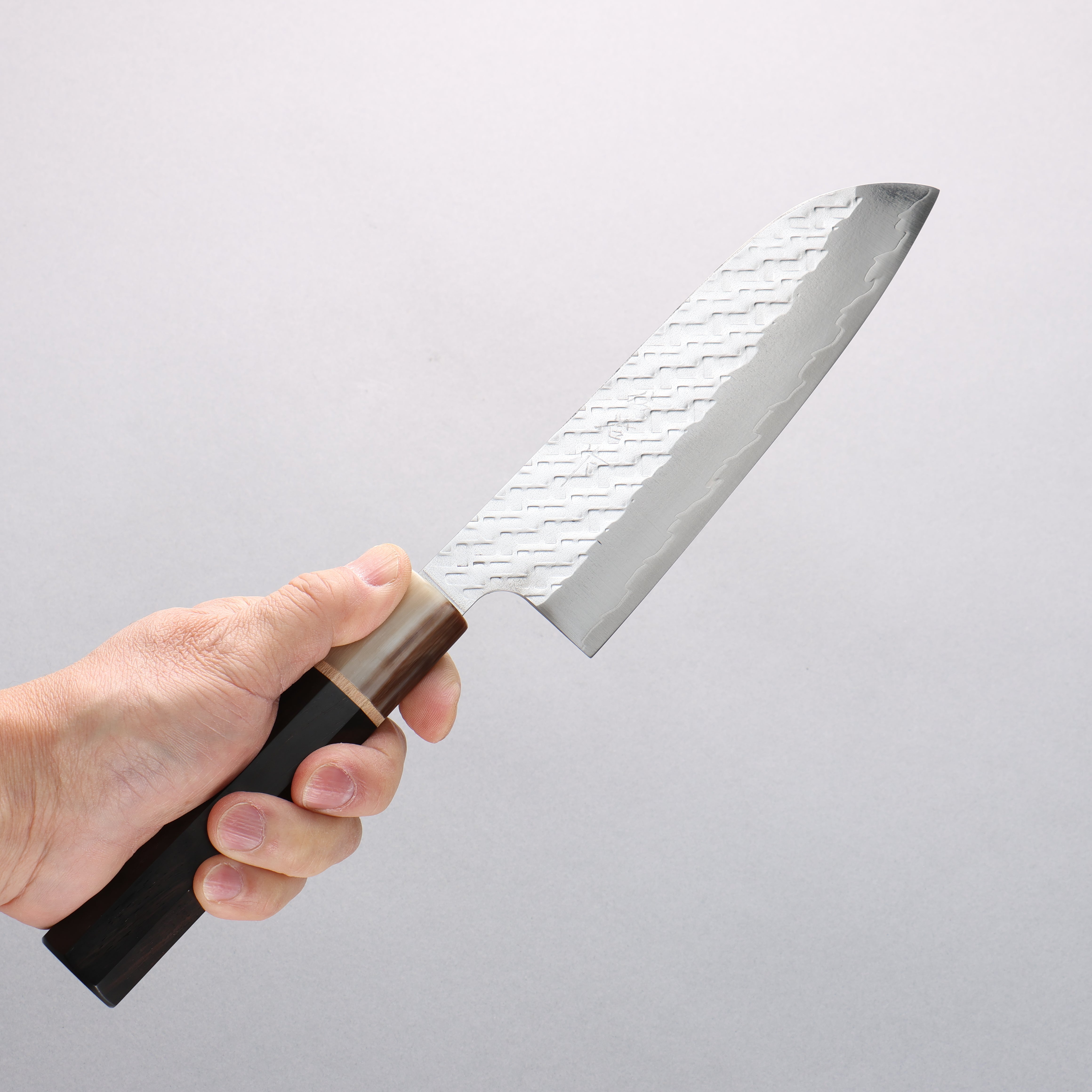 Takeshi Saji SPG STRIX Hammered Migaki Finished Santoku 170mm Ebony Wood (ferrule: Marbled Water Buffalo Horn) Handle - Seisuke Knife