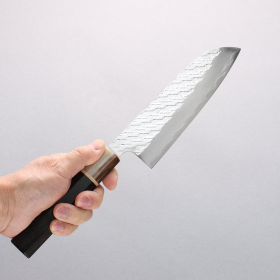 Takeshi Saji SPG STRIX Hammered Migaki Finished Santoku 170mm Ebony Wood (ferrule: Marbled Water Buffalo Horn) Handle - Seisuke Knife