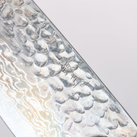 Oul Silver Steel No.3 Hammered Damascus Migaki Finished Santoku 165mm Oak Handle - Seisuke Knife