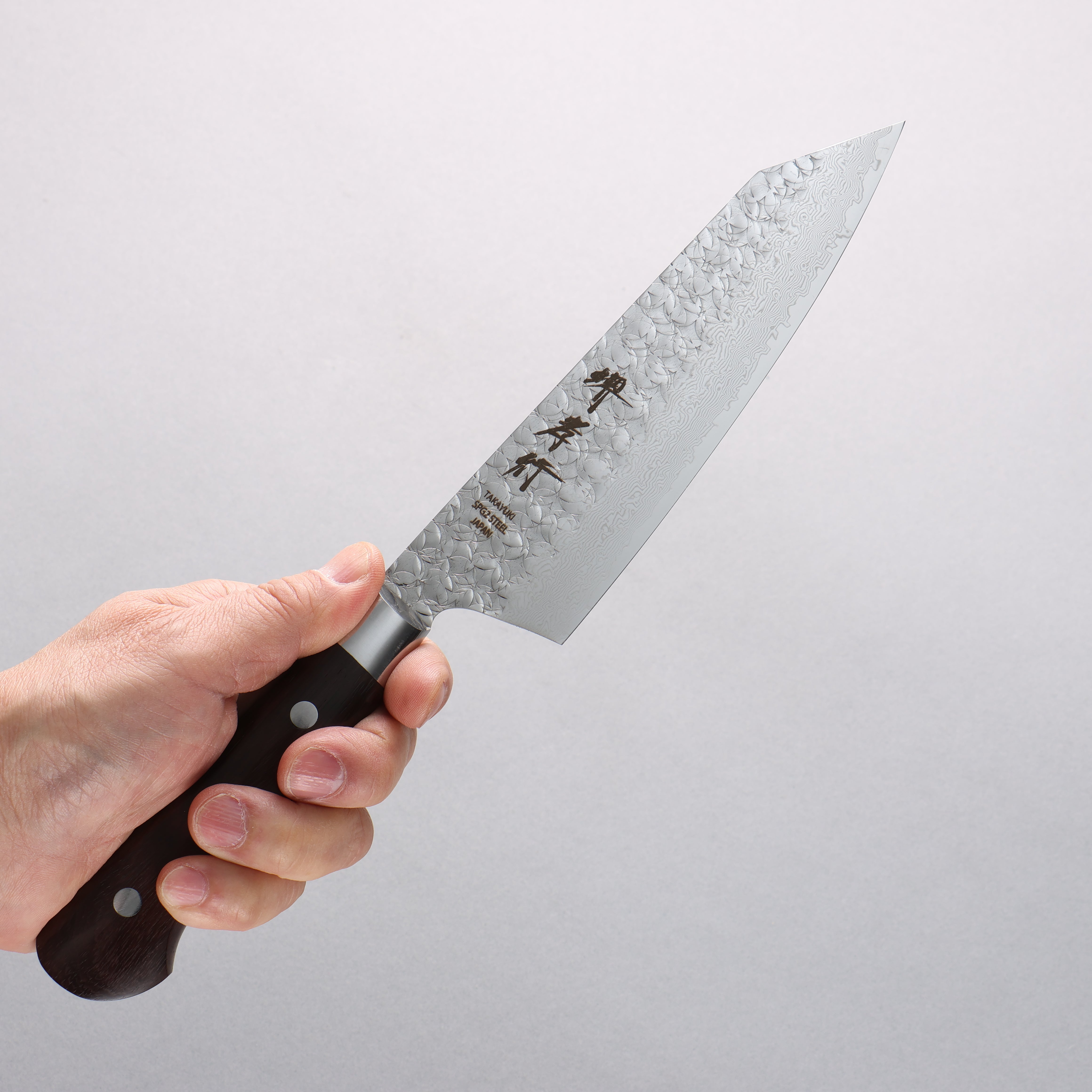 Sakai Takayuki SG2 Hammered Damascus Migaki Kengata Santoku 160mm Shitan Handle - Seisuke Knife