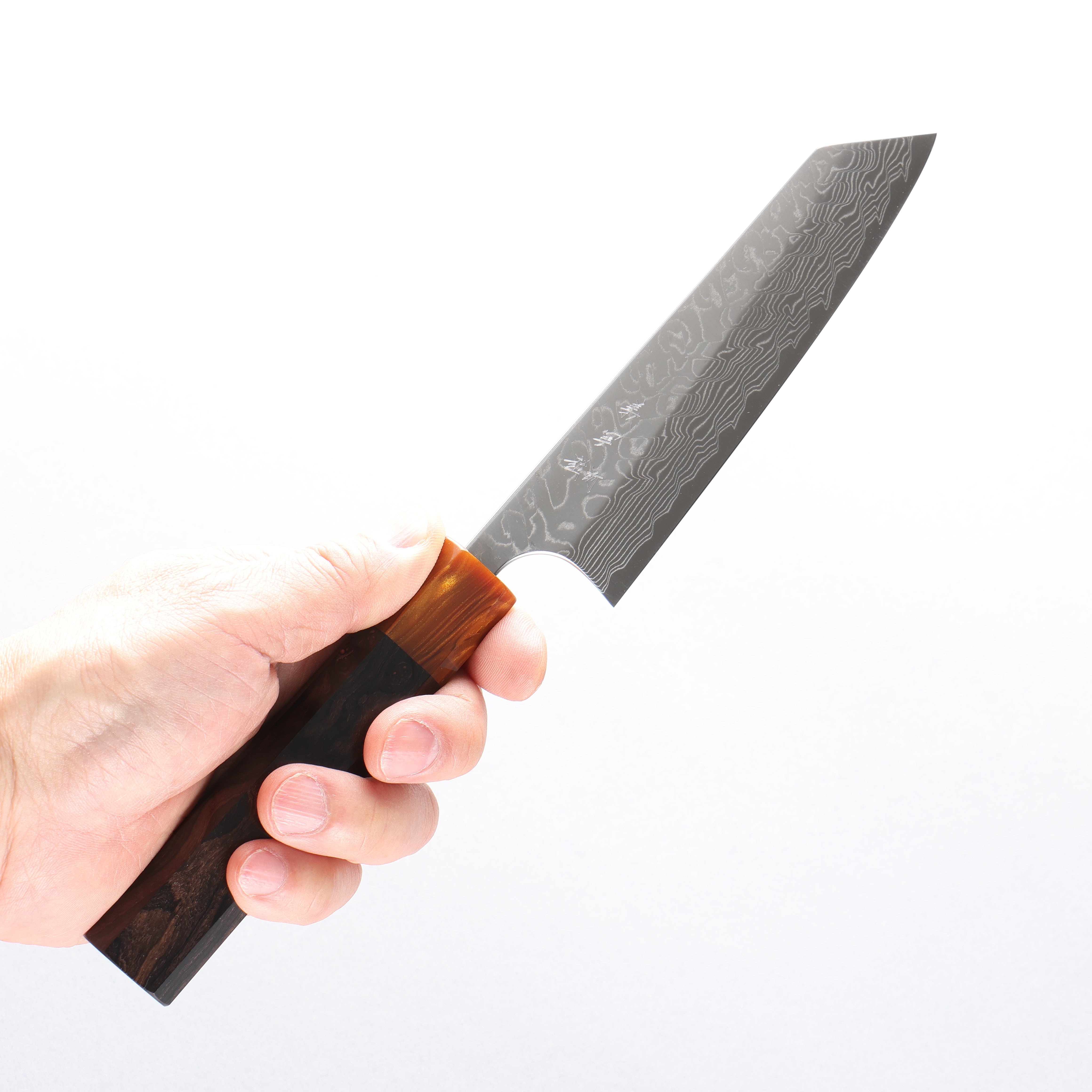 Yoshimi Kato SG2 Damascus Migaki Polish Finish Small Bunka 130mm Ebony (ferrule: Orange Resin) Handle - Seisuke Knife