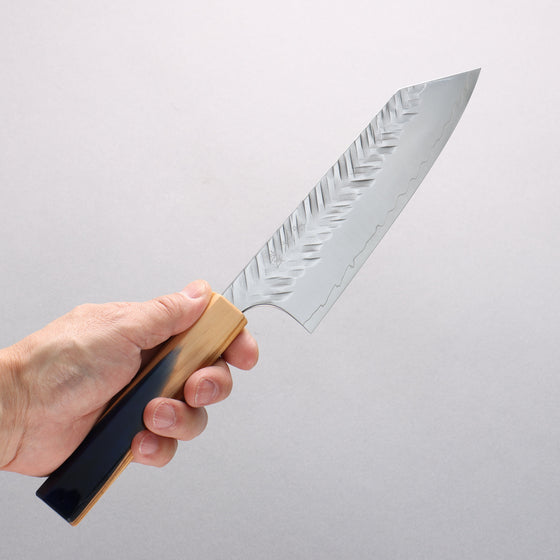 Yoshimi Kato SPG STRIX Hammered (V) Bunka 170mm Olive Tree and Blue Resin Handle - Seisuke Knife