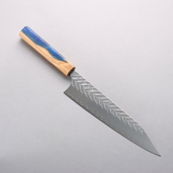 Yoshimi Kato SPG STRIX Hammered (V) Kiritsuke Gyuto 210mm Olive Tree and Blue Resin Handle - Seisuke Knife