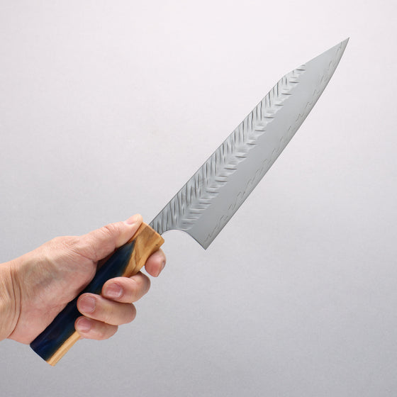 Yoshimi Kato SPG STRIX Hammered (V) Kiritsuke Gyuto 210mm Olive Tree and Blue Resin Handle - Seisuke Knife
