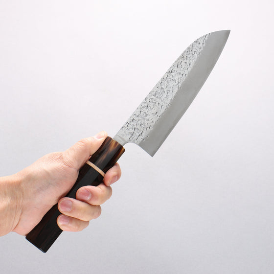 Yu Kurosaki Shizuku SG2 Hammered Santoku 170mm Ebony Wood (ferrule: Marbled Water Buffalo Horn) Handle - Seisuke Knife