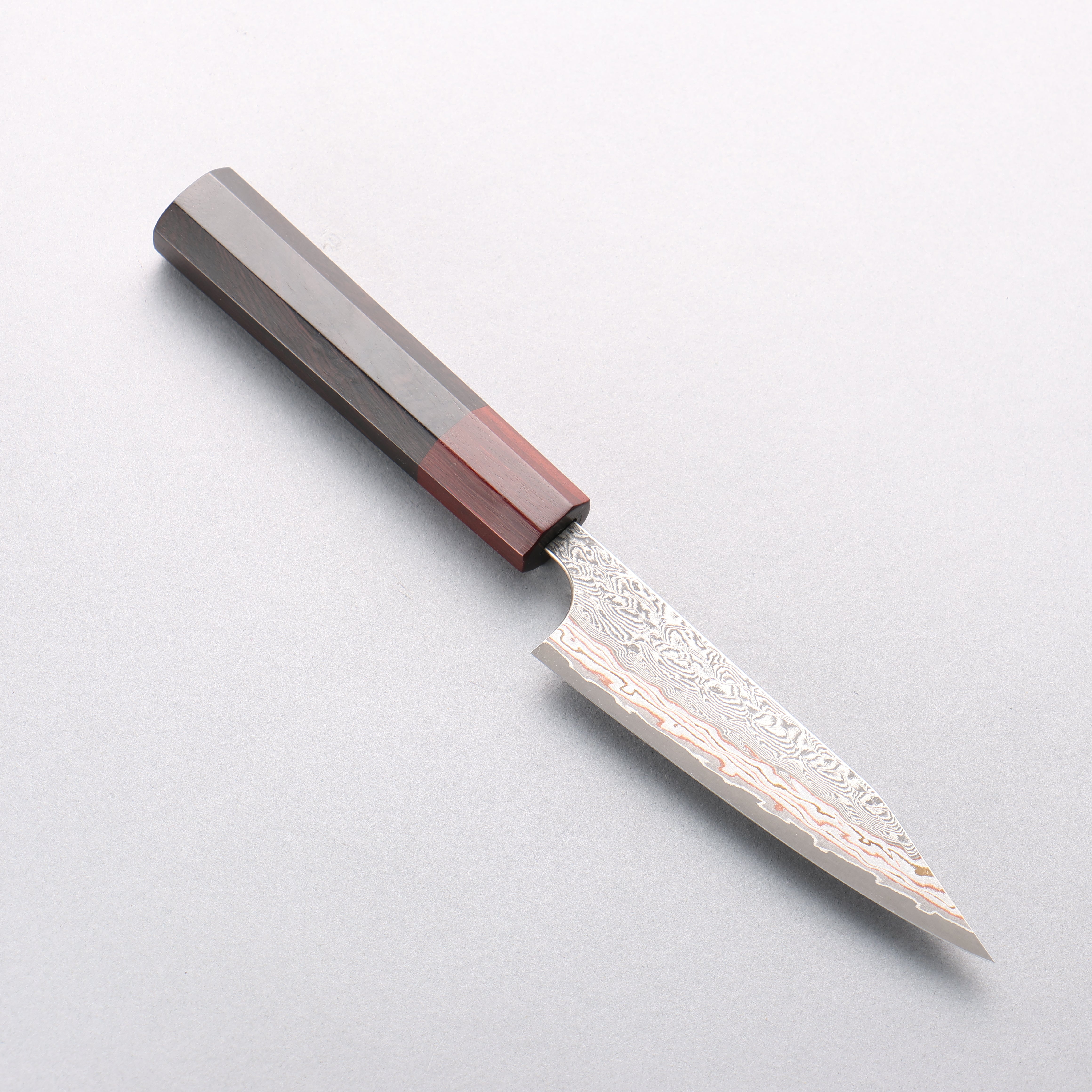 Yoshimi Kato VG10w Colored Damascus Kiritsuke Petty-Utility 120mm Ebony (ferrule: Sandalwood) Handle - Seisuke Knife