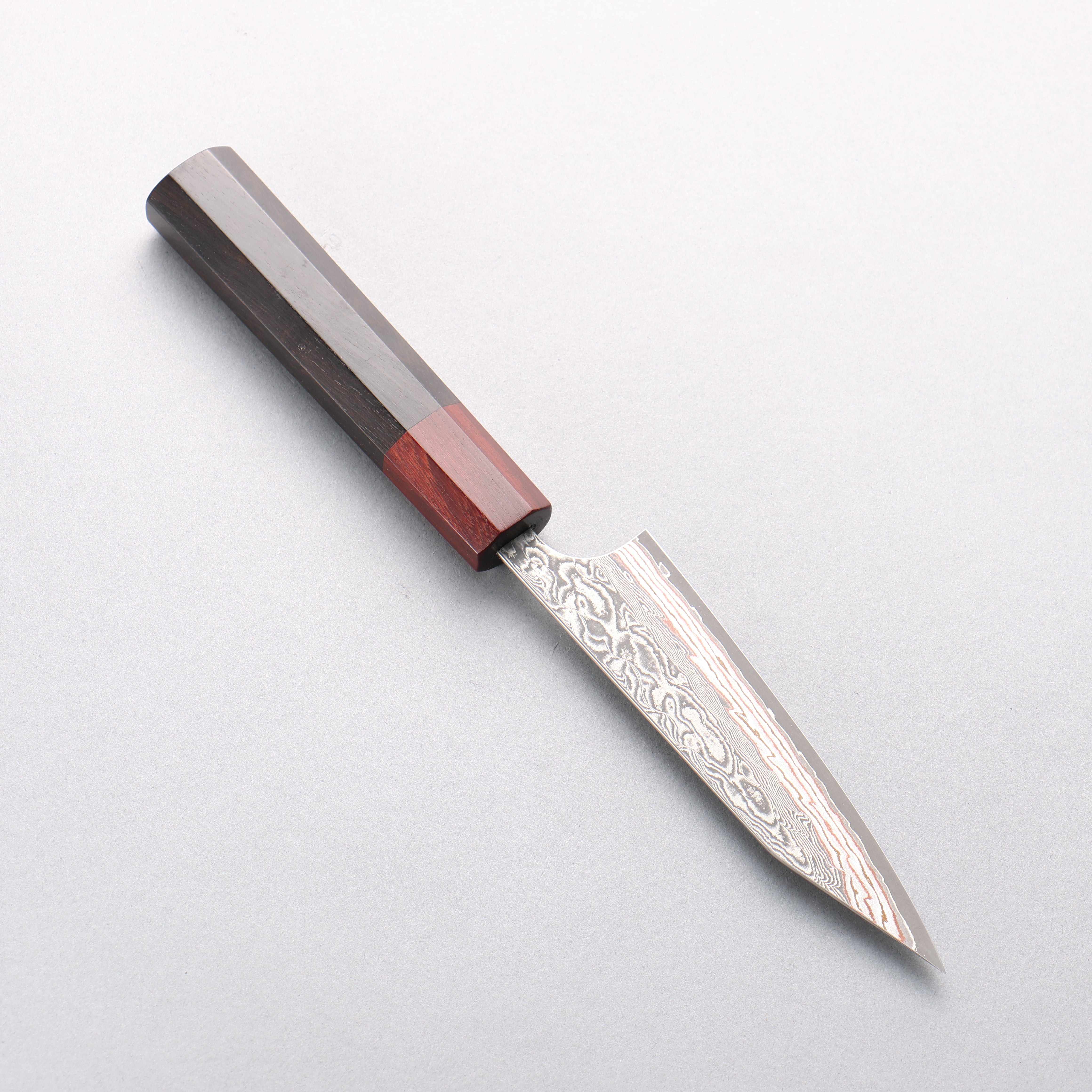 Yoshimi Kato VG10w Colored Damascus Kiritsuke Petty-Utility 120mm Ebony (ferrule: Sandalwood) Handle - Seisuke Knife