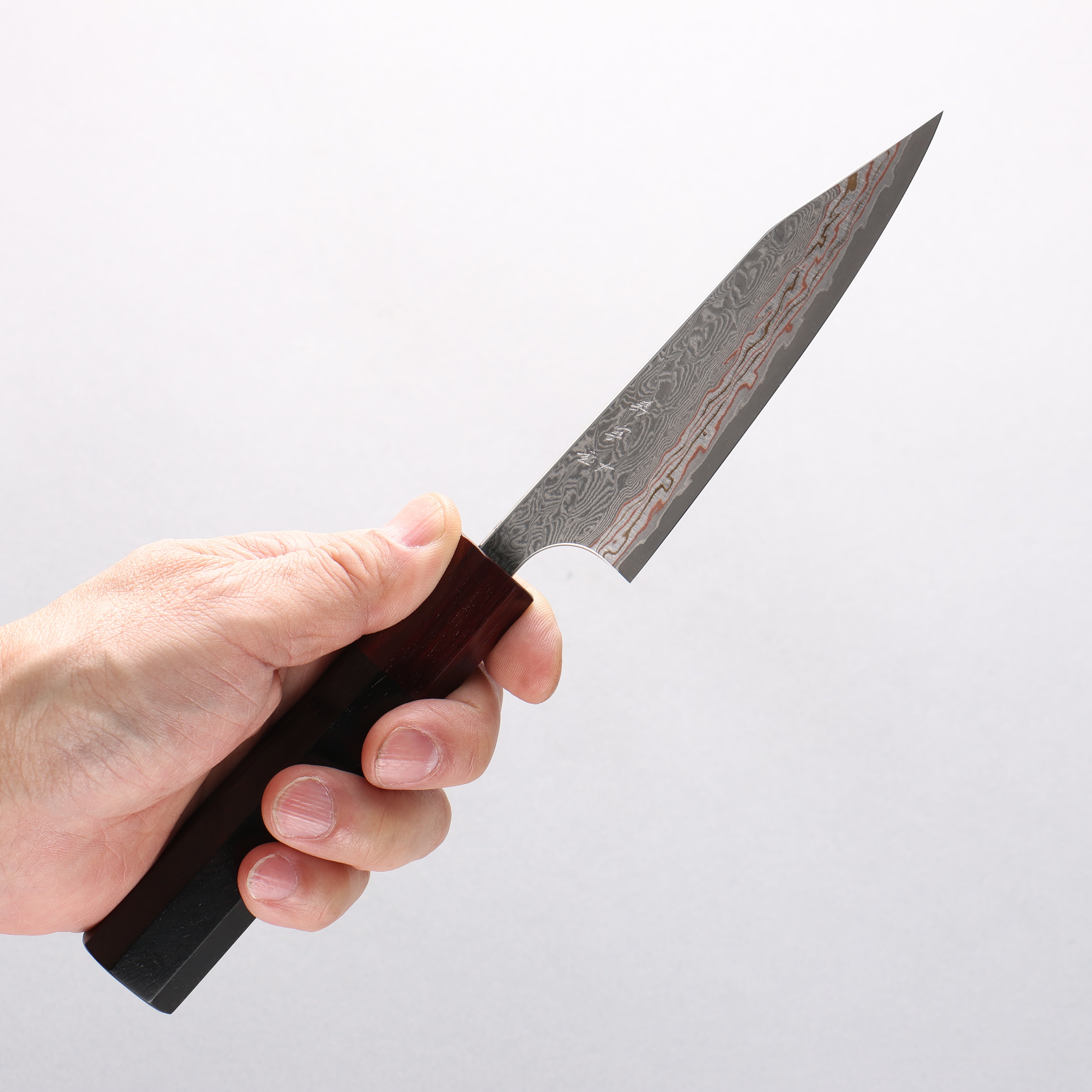 Yoshimi Kato VG10w Colored Damascus Kiritsuke Petty-Utility 120mm Ebony (ferrule: Sandalwood) Handle - Seisuke Knife