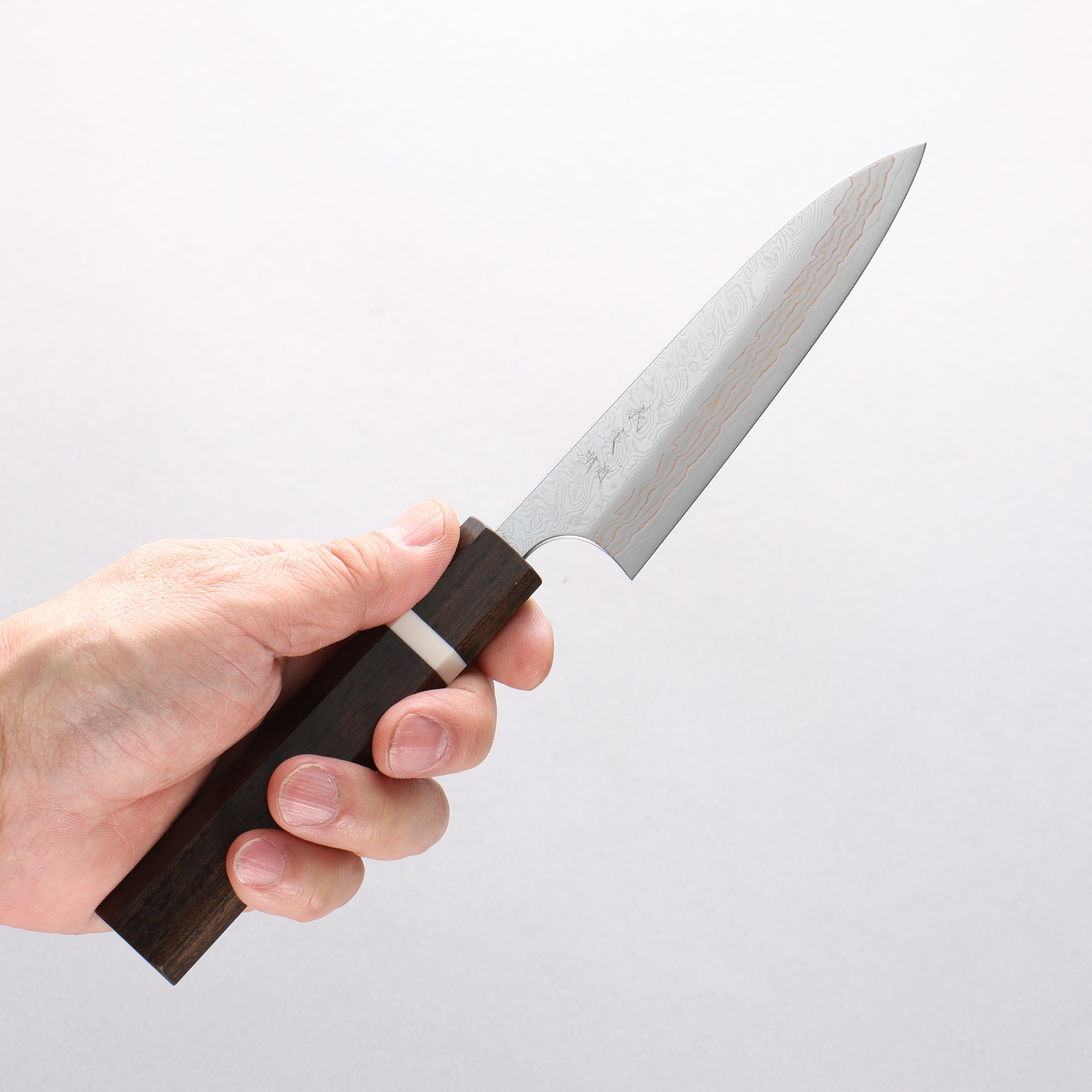Yoshimi Kato VG10w Colored Damascus Petty-Utility 120mm Sandalwood with White Ring Handle - Seisuke Knife