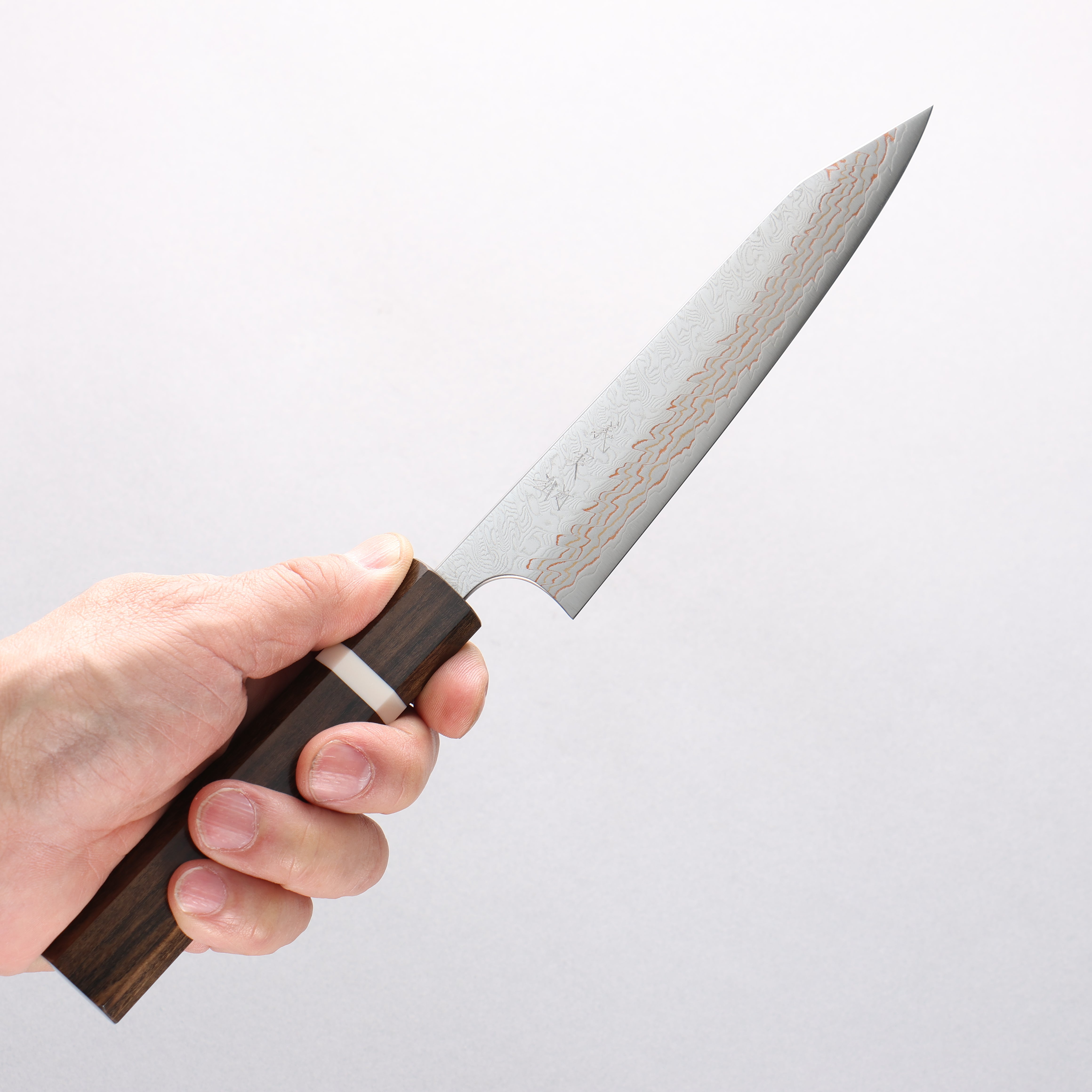 Yoshimi Kato VG10w Colored Damascus Kiritsuke Petty-Utility 150mm Sandalwood with White Ring Handle - Seisuke Knife