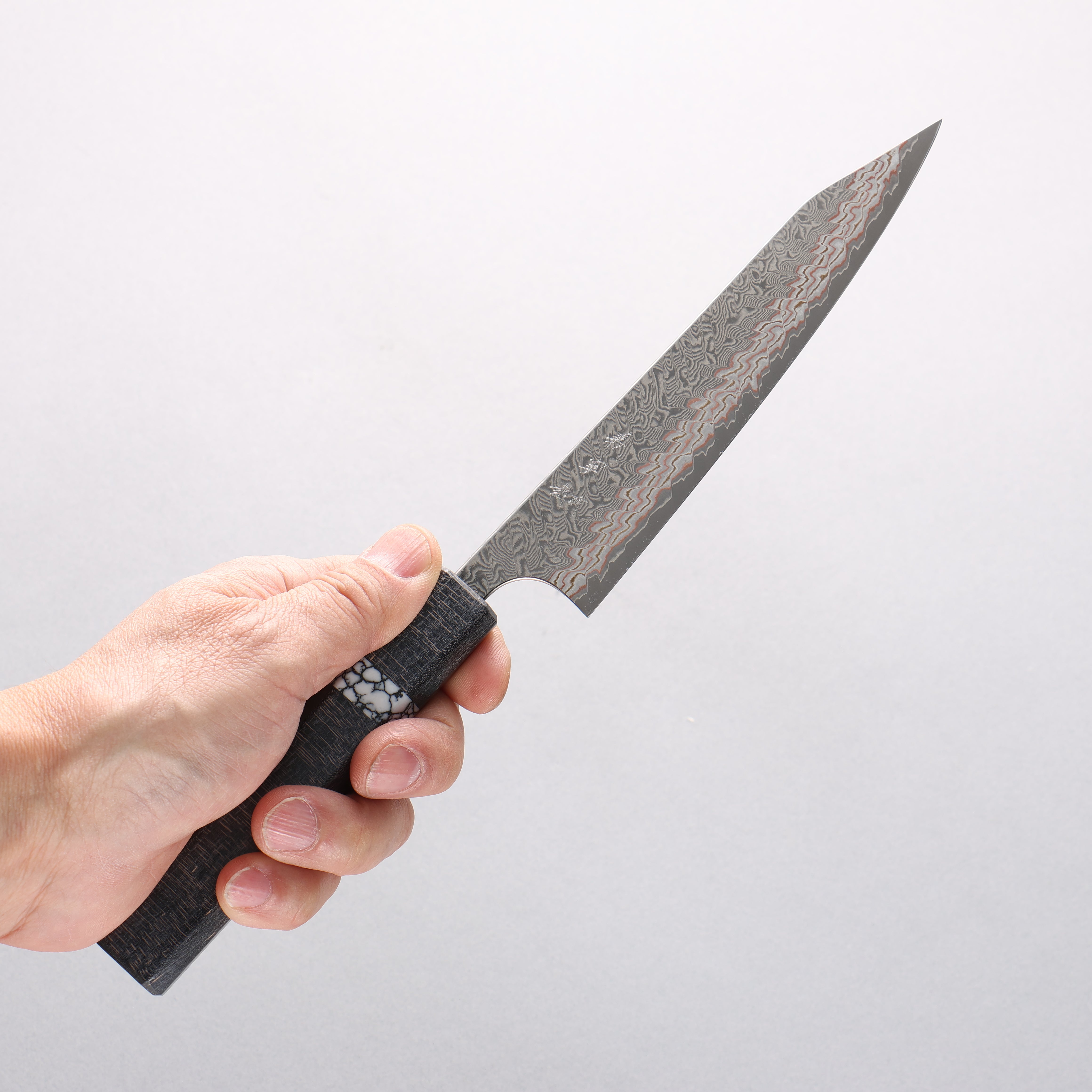 Yoshimi Kato VG10w Colored Damascus Kiritsuke Petty-Utility 150mm Black Stabilized Wood (White Turquoise Ring) Handle - Seisuke Knife