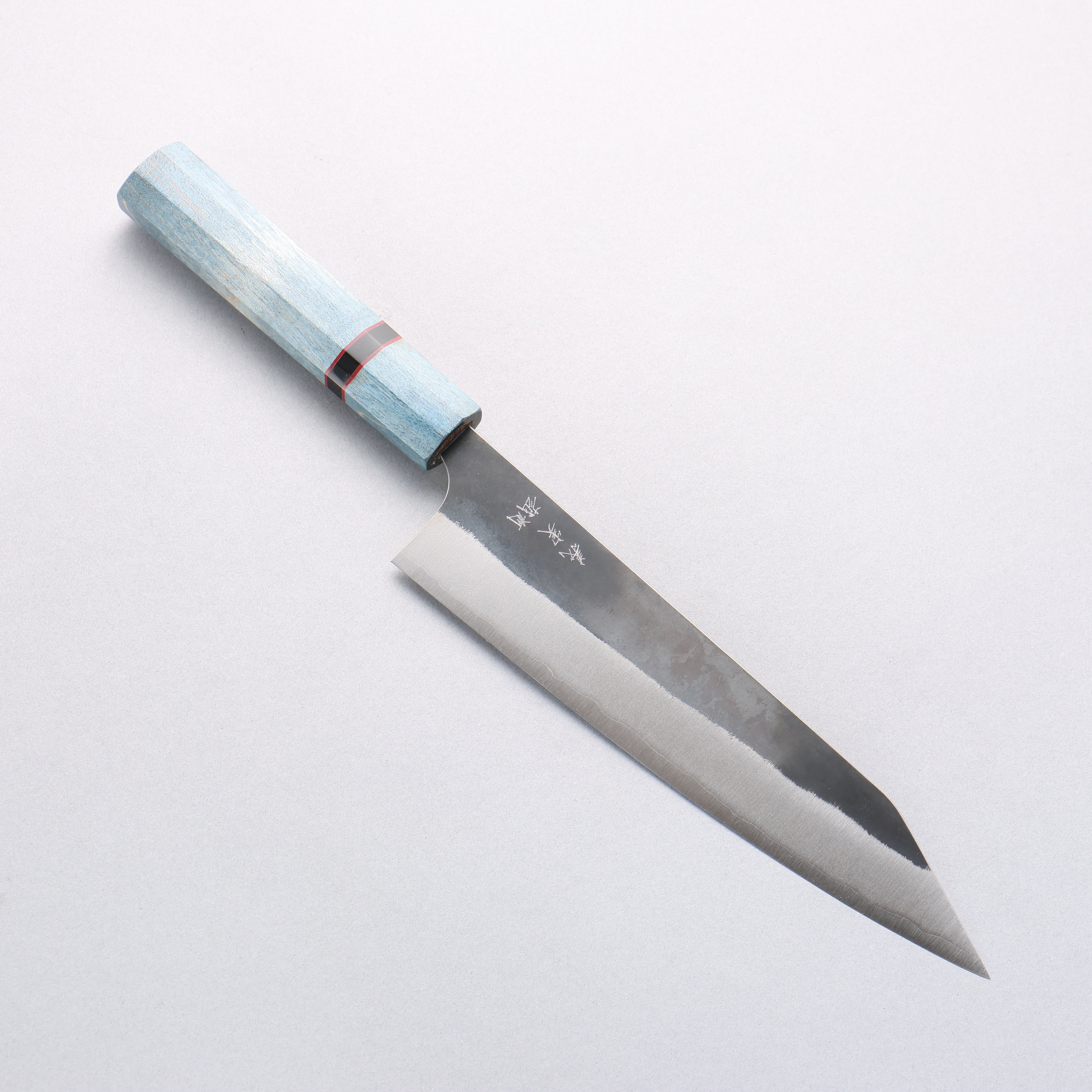 Yoshimi Kato Blue Super Black Finished Kiritsuke Gyuto 210mm Blue Stabilized Wood (With Black Ring) Handle - Seisuke Knife