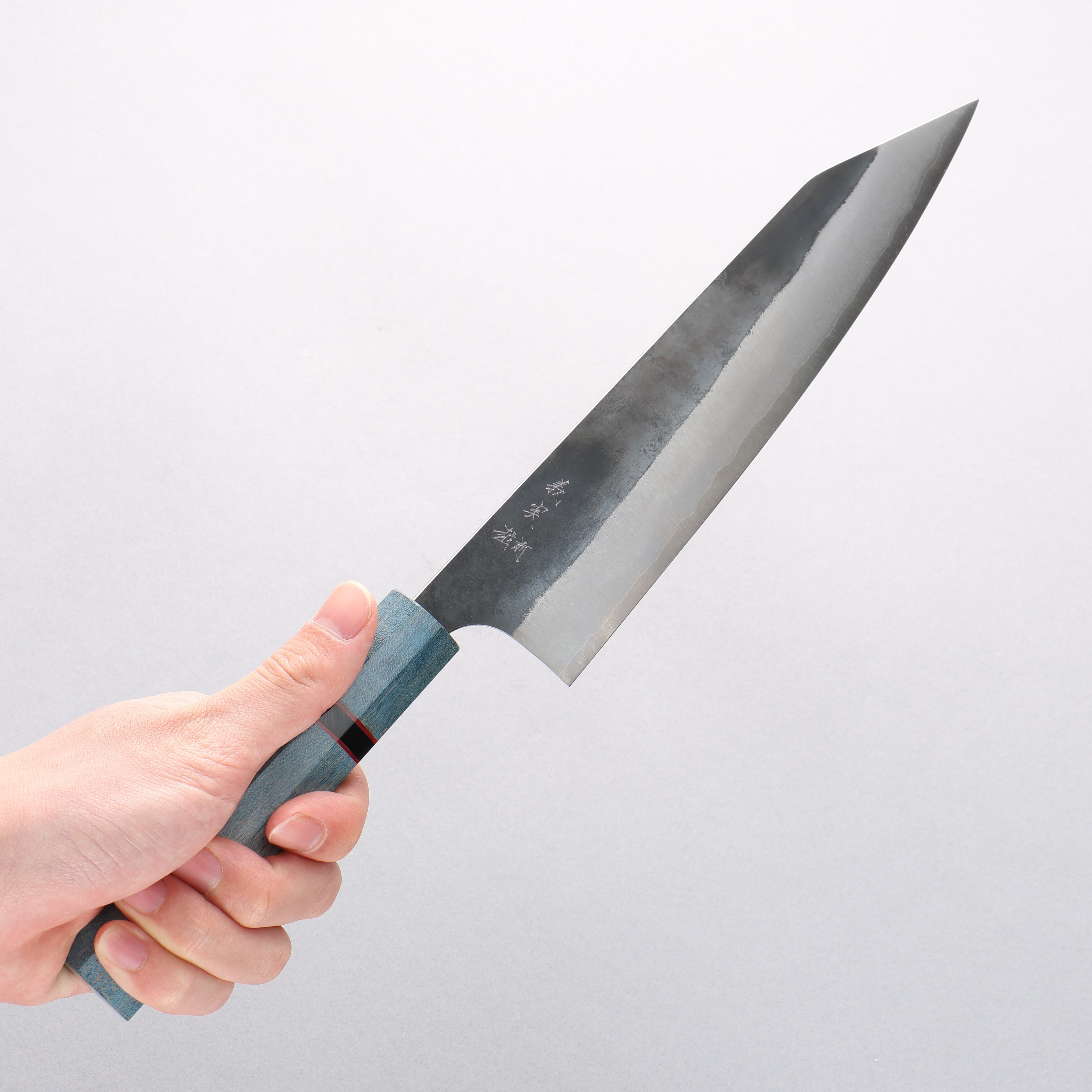 Yoshimi Kato Blue Super Black Finished Kiritsuke Gyuto 210mm Blue Stabilized Wood (With Black Ring) Handle - Seisuke Knife