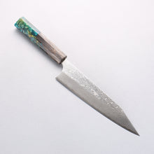  Yoshimi Kato SG2 Damascus Migaki Finished Kiritsuke Gyuto 210mm Black Stabilized Wood and Blue Resin (V Shaped) Handle - Seisuke Knife