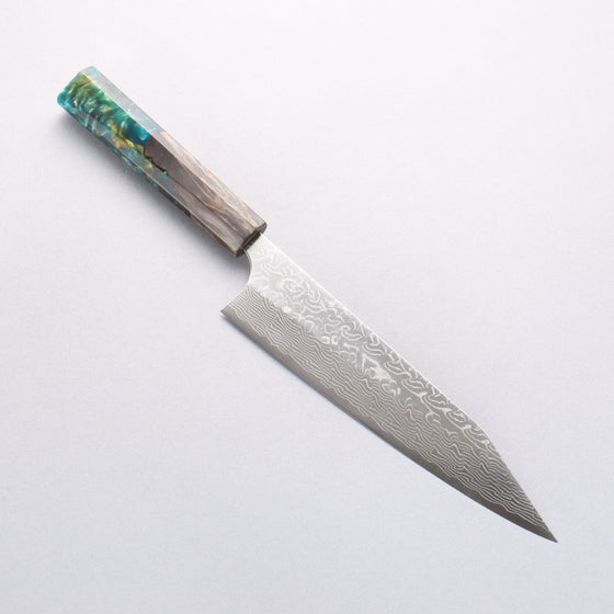 Yoshimi Kato SG2 Damascus Migaki Finished Kiritsuke Gyuto 210mm Black Stabilized Wood and Blue Resin (V Shaped) Handle - Seisuke Knife