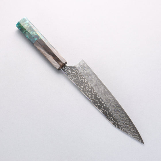 Yoshimi Kato SG2 Damascus Migaki Finished Kiritsuke Gyuto 210mm Black Stabilized Wood and Blue Resin (V Shaped) Handle - Seisuke Knife