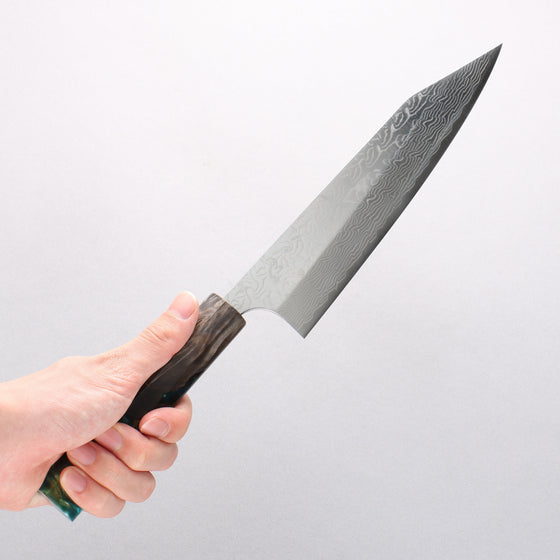 Yoshimi Kato SG2 Damascus Migaki Finished Kiritsuke Gyuto 210mm Black Stabilized Wood and Blue Resin (V Shaped) Handle - Seisuke Knife