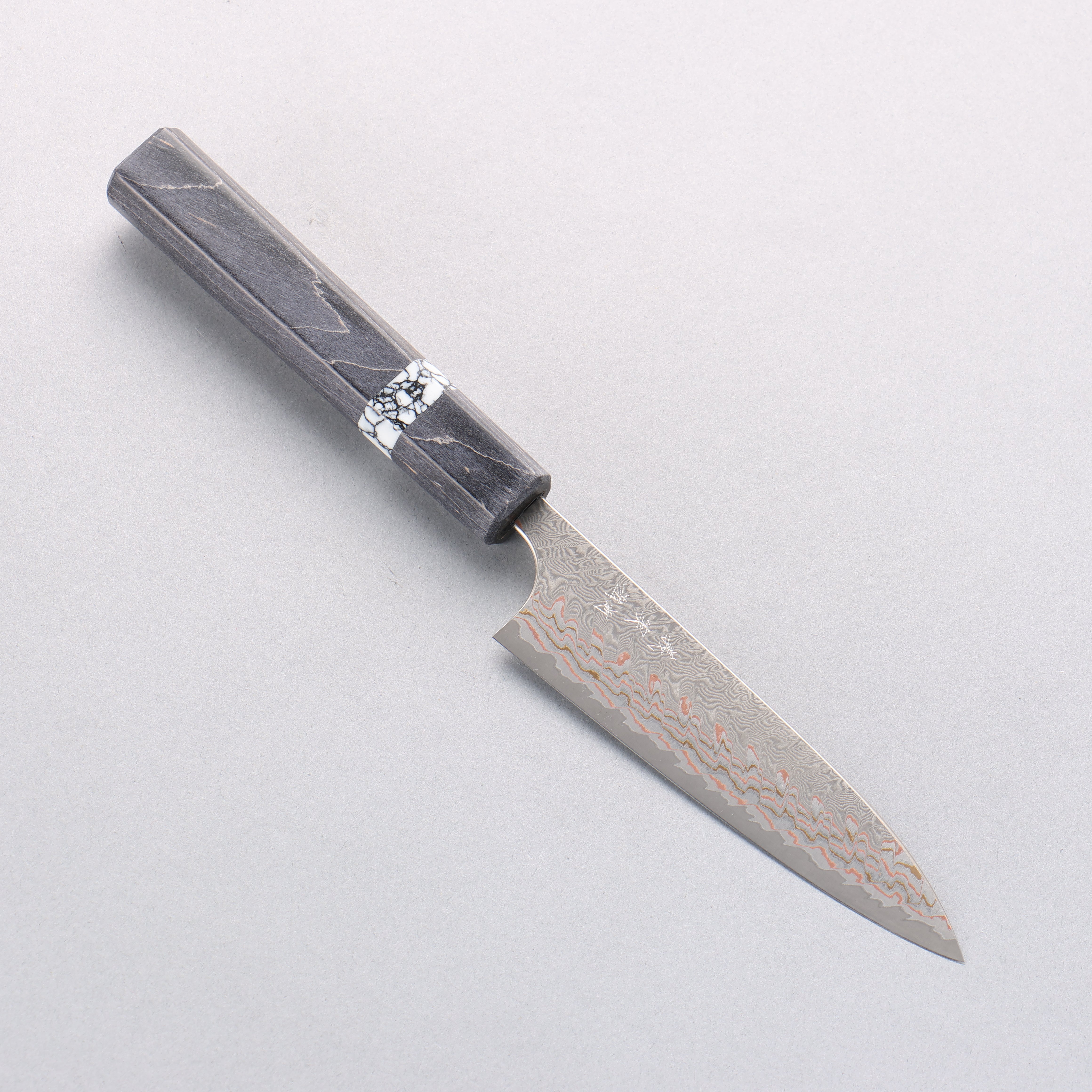Yoshimi Kato VG10w Colored Damascus Petty-Utility 120mm Gray Stabilized Wood (White Turquoise Ring) Handle - Seisuke Knife