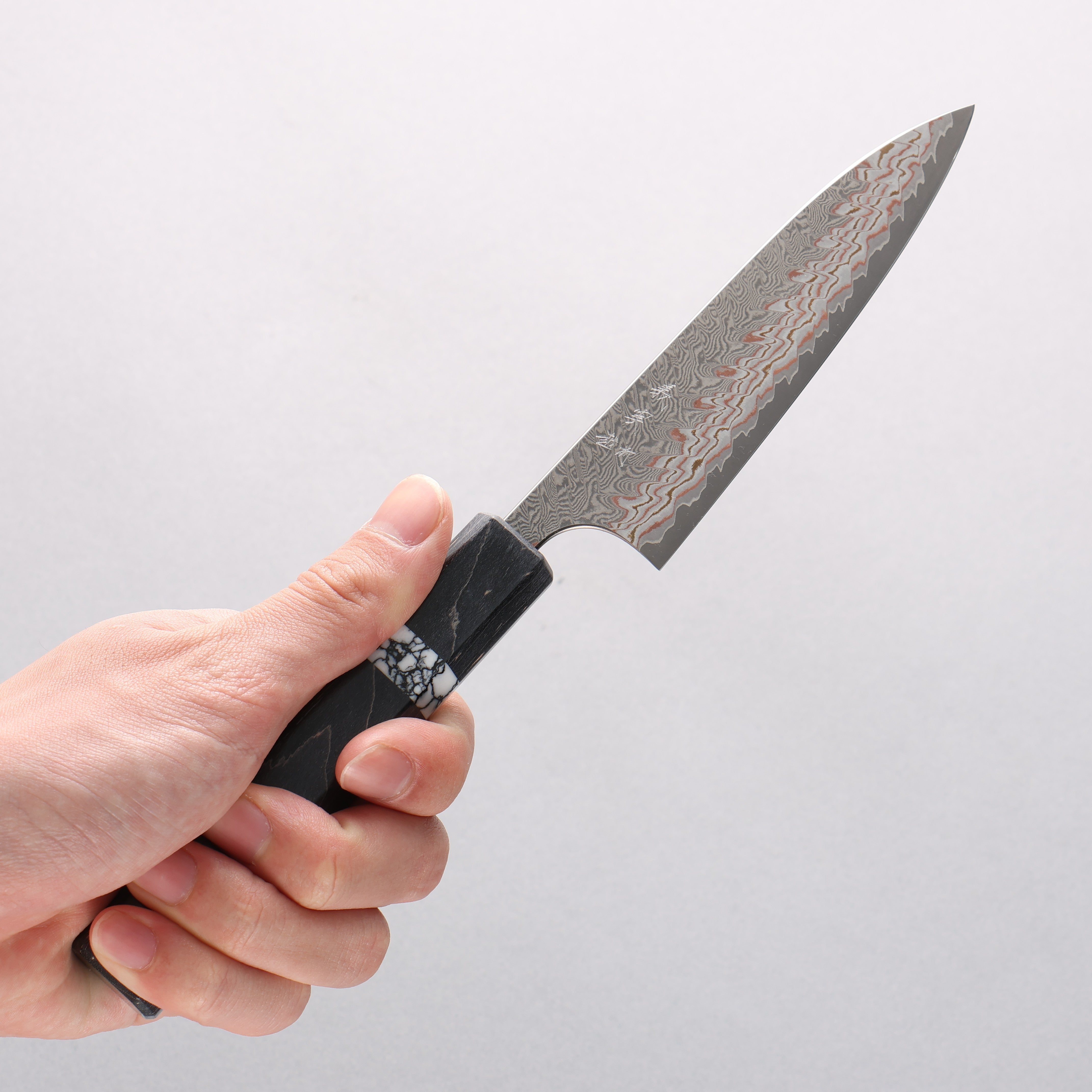 Yoshimi Kato VG10w Colored Damascus Petty-Utility 120mm Gray Stabilized Wood (White Turquoise Ring) Handle - Seisuke Knife
