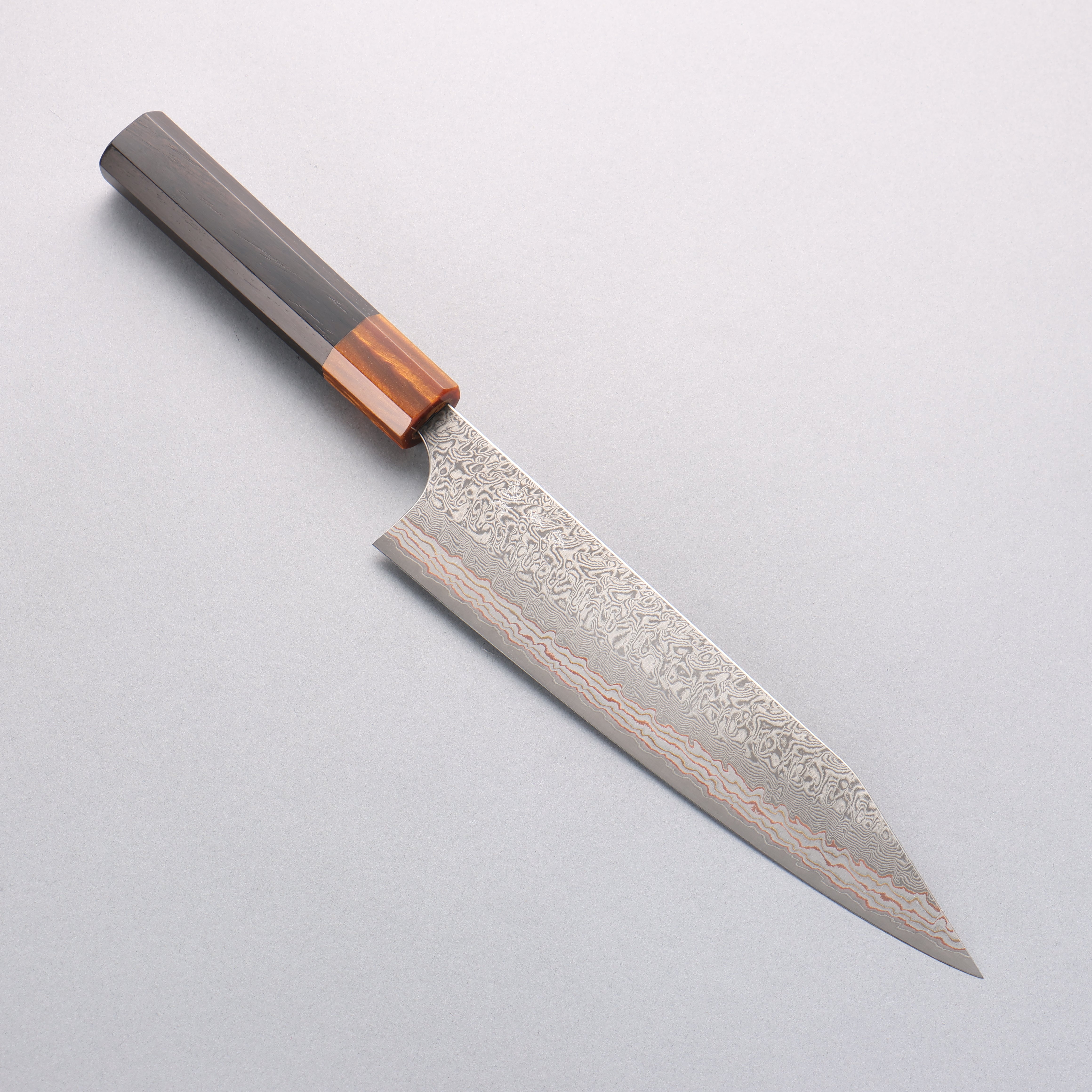 Yoshimi Kato VG10w Colored Damascus Kiritsuke Gyuto 210mm Ebony (ferrule: Orange Resin) Handle - Seisuke Knife