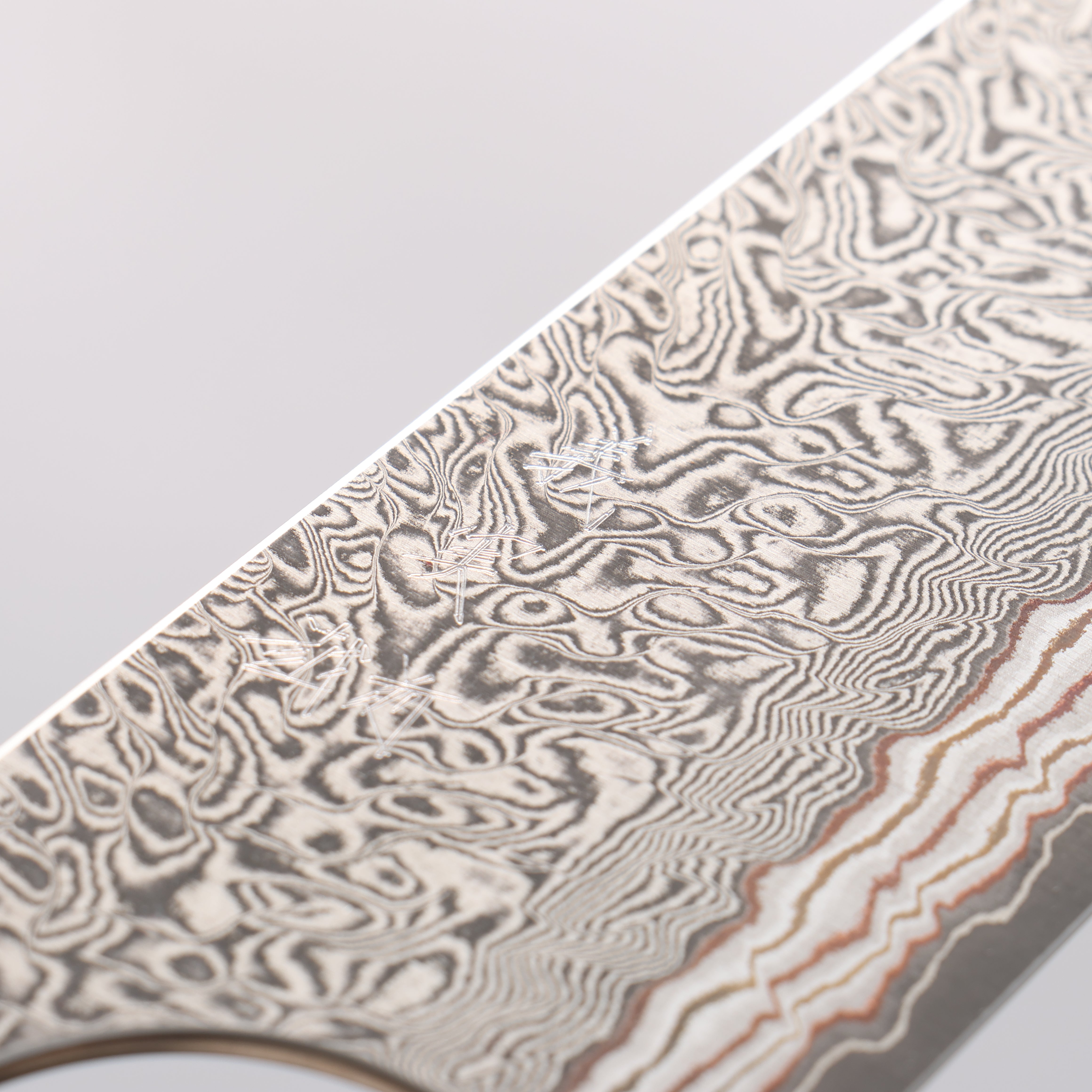 Yoshimi Kato VG10w Colored Damascus Kiritsuke Gyuto 210mm Ebony (ferrule: Orange Resin) Handle - Seisuke Knife