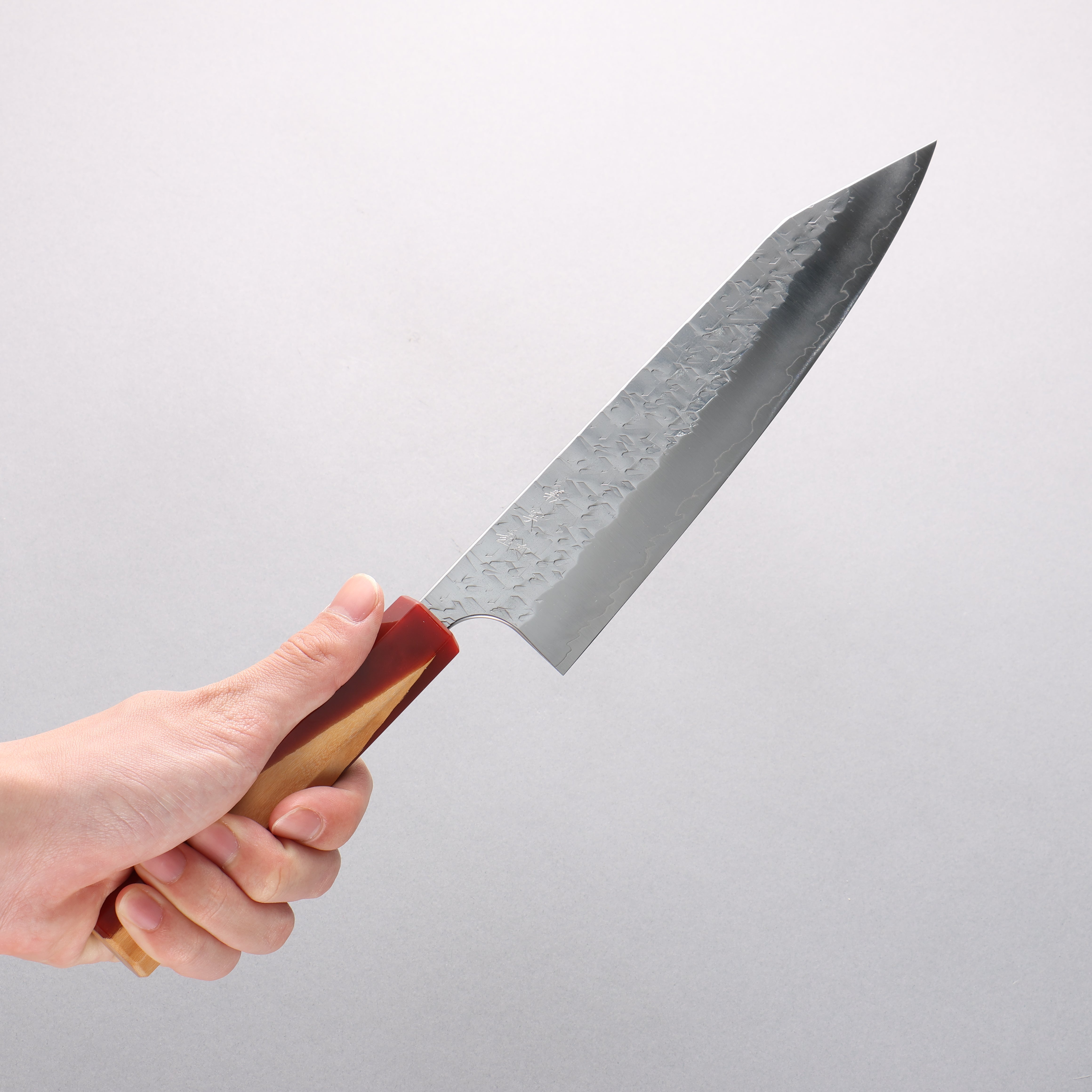 Yoshimi Kato Hyo SG2 Hammered Kiritsuke Gyuto 210mm Olive Tree and Red Resin Handle - Seisuke Knife
