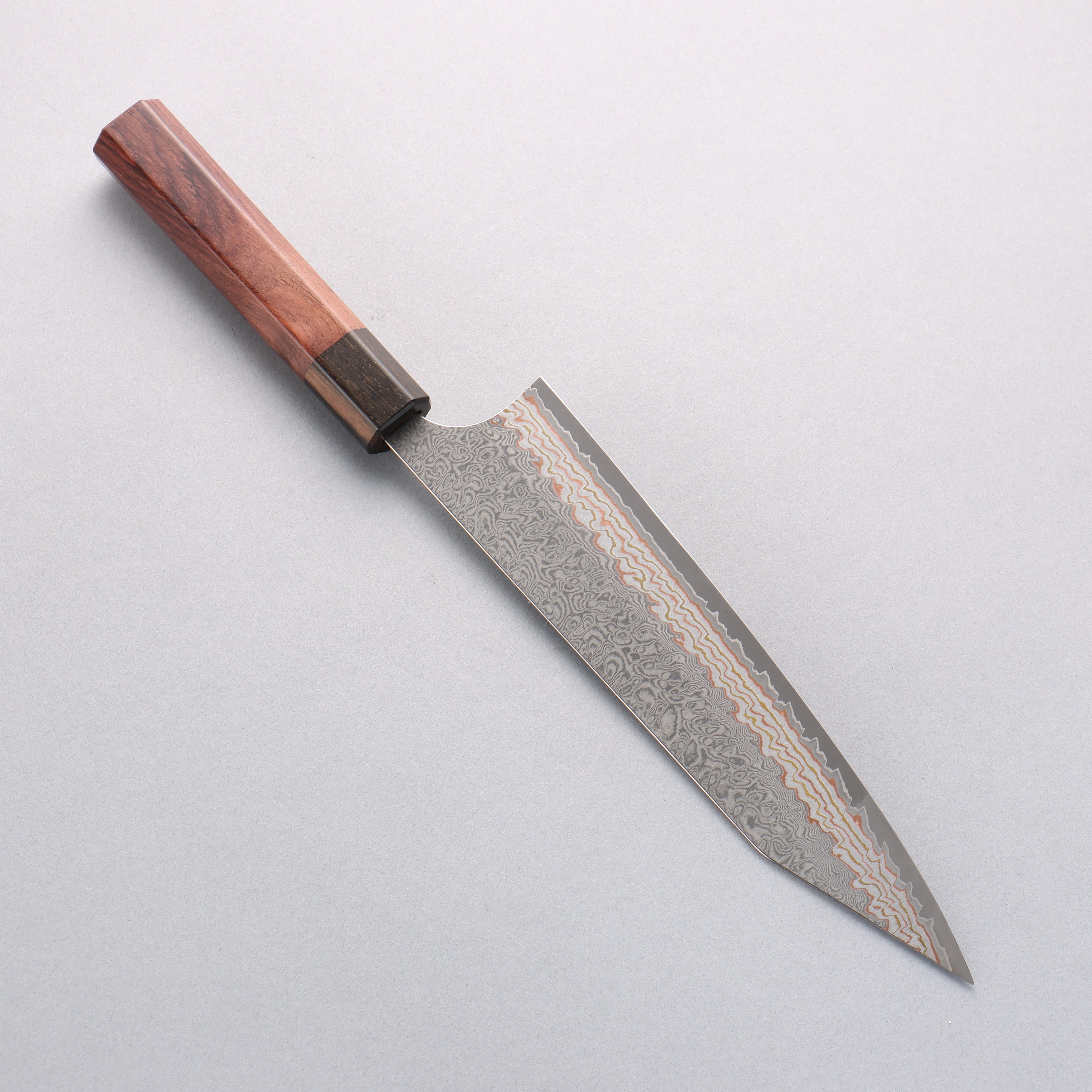 Yoshimi Kato VG10w Colored Damascus Kiritsuke Gyuto 210mm Rosewood (Ferrule: Ebony) Handle - Seisuke Knife