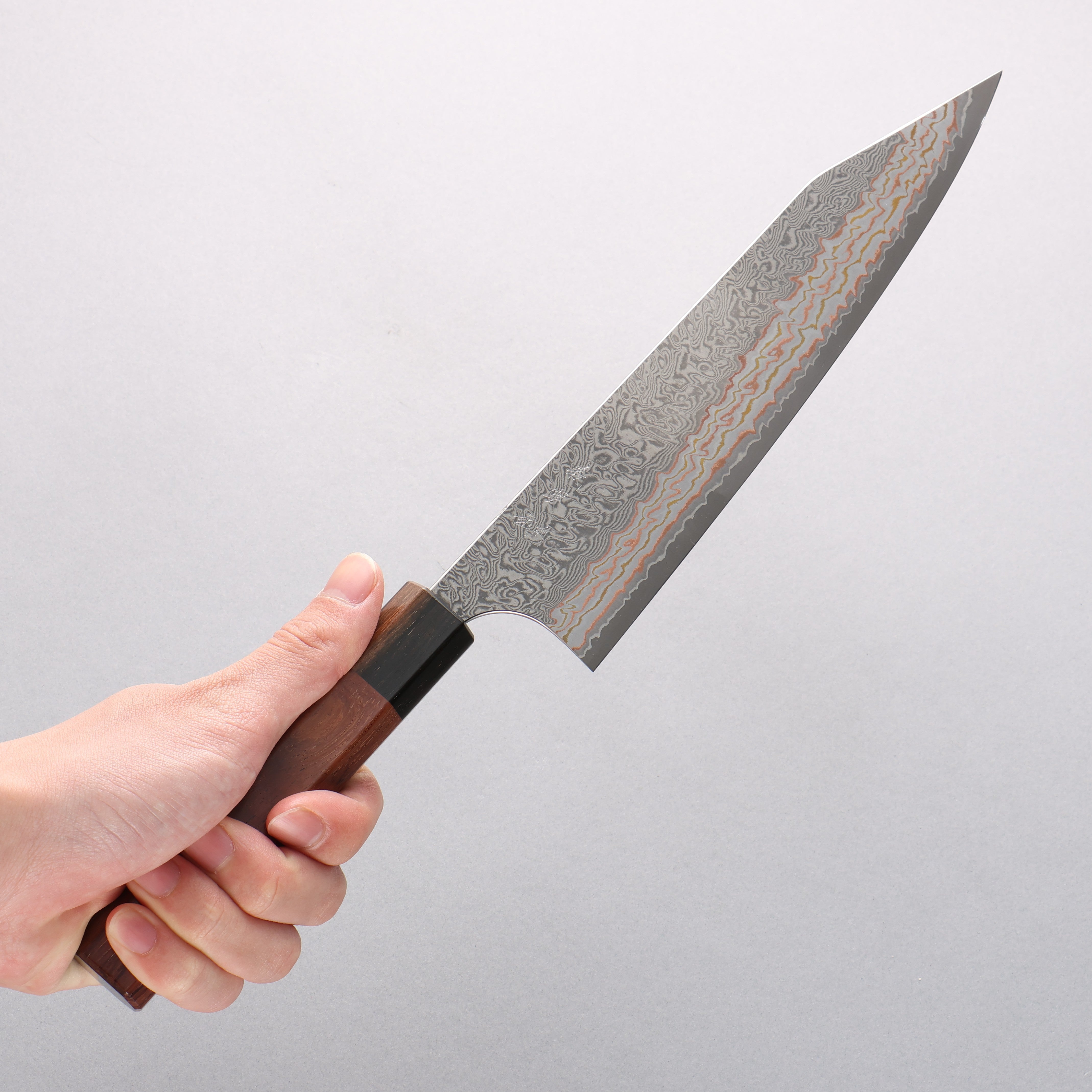 Yoshimi Kato VG10w Colored Damascus Kiritsuke Gyuto 210mm Rosewood (Ferrule: Ebony) Handle - Seisuke Knife