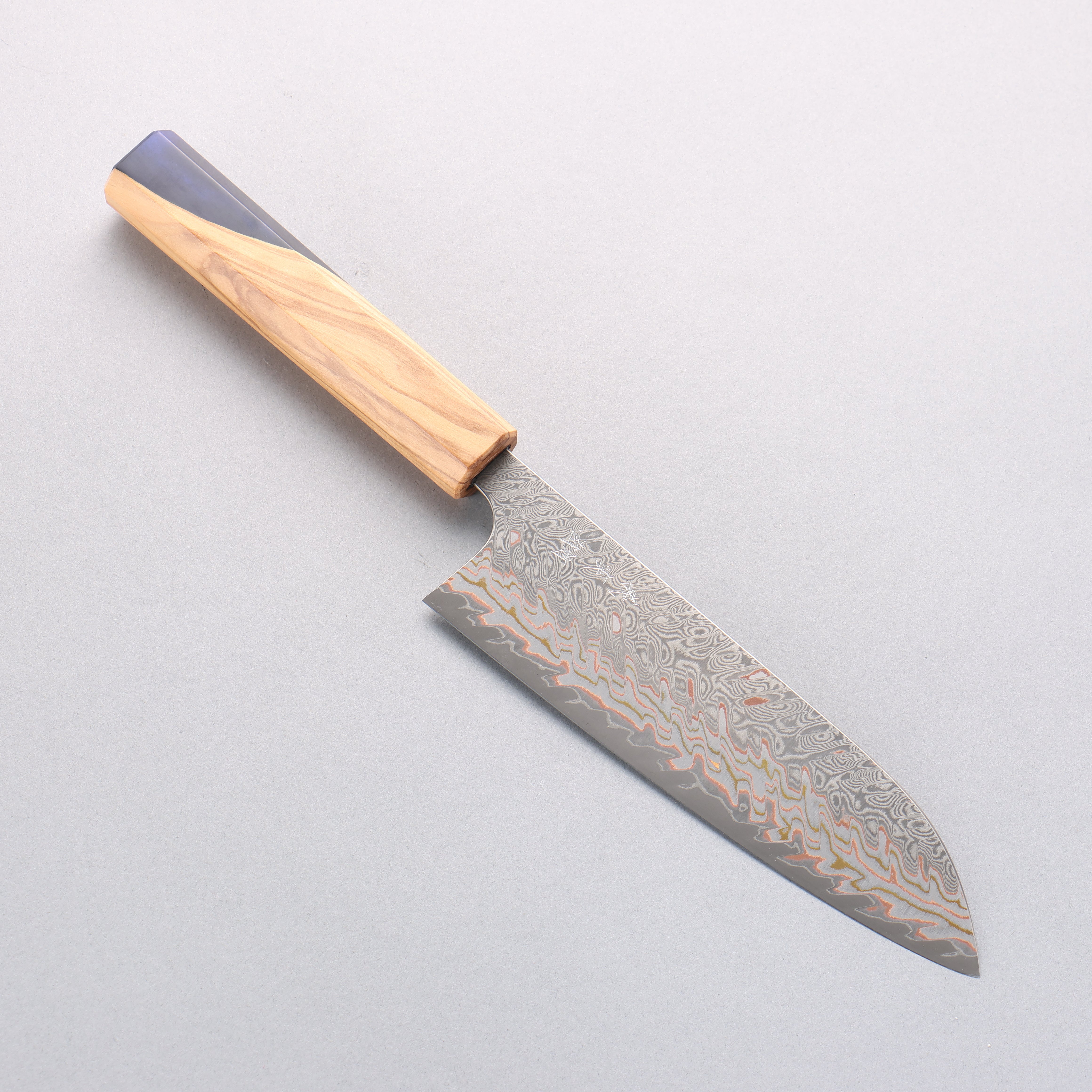 Yoshimi Kato VG10w Colored Damascus Santoku 170mm Olive Tree and Blue Resin Handle - Seisuke Knife