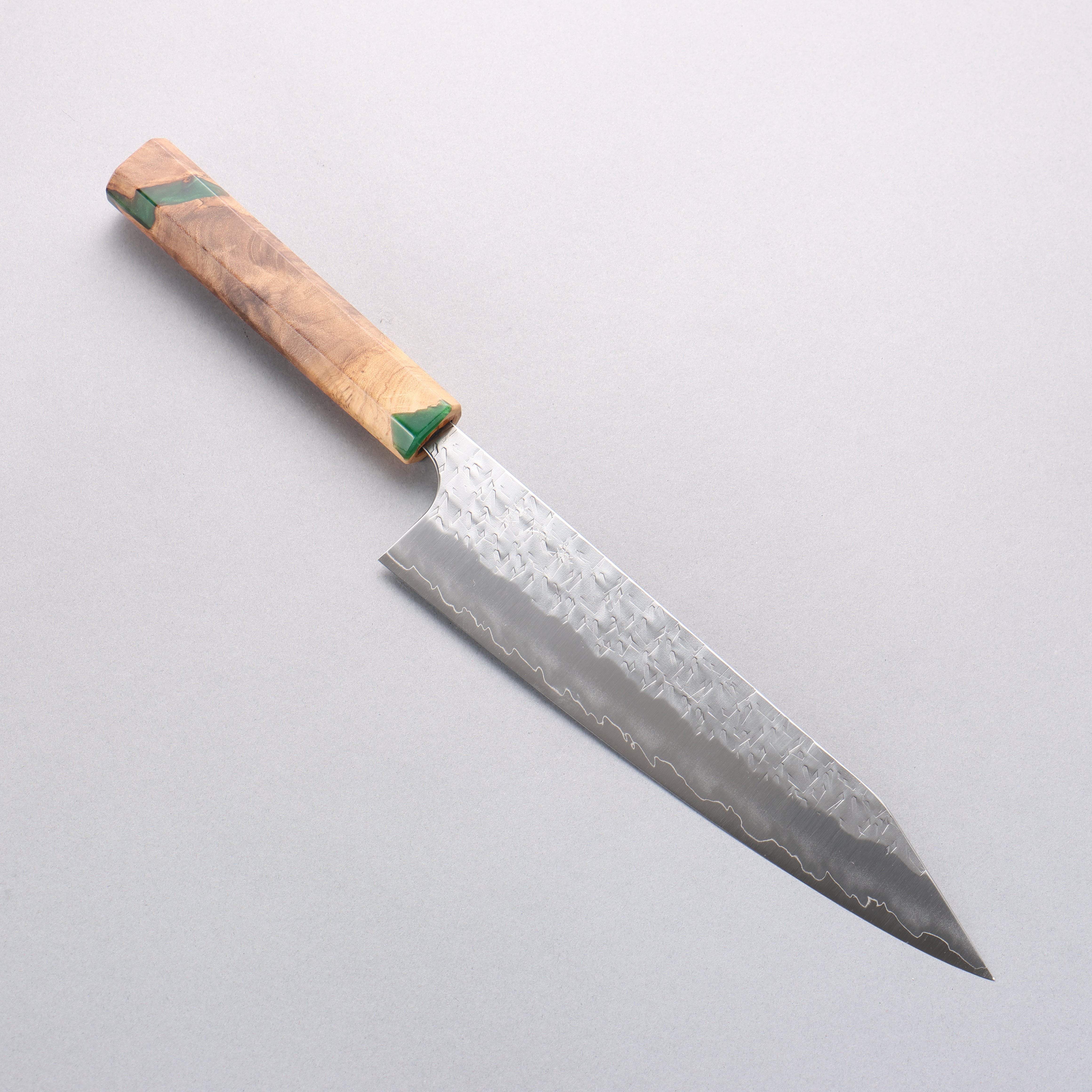 Yoshimi Kato Hyo SG2 Hammered Kiritsuke Gyuto 210mm Olive Tree and Green Resin Handle - Seisuke Knife