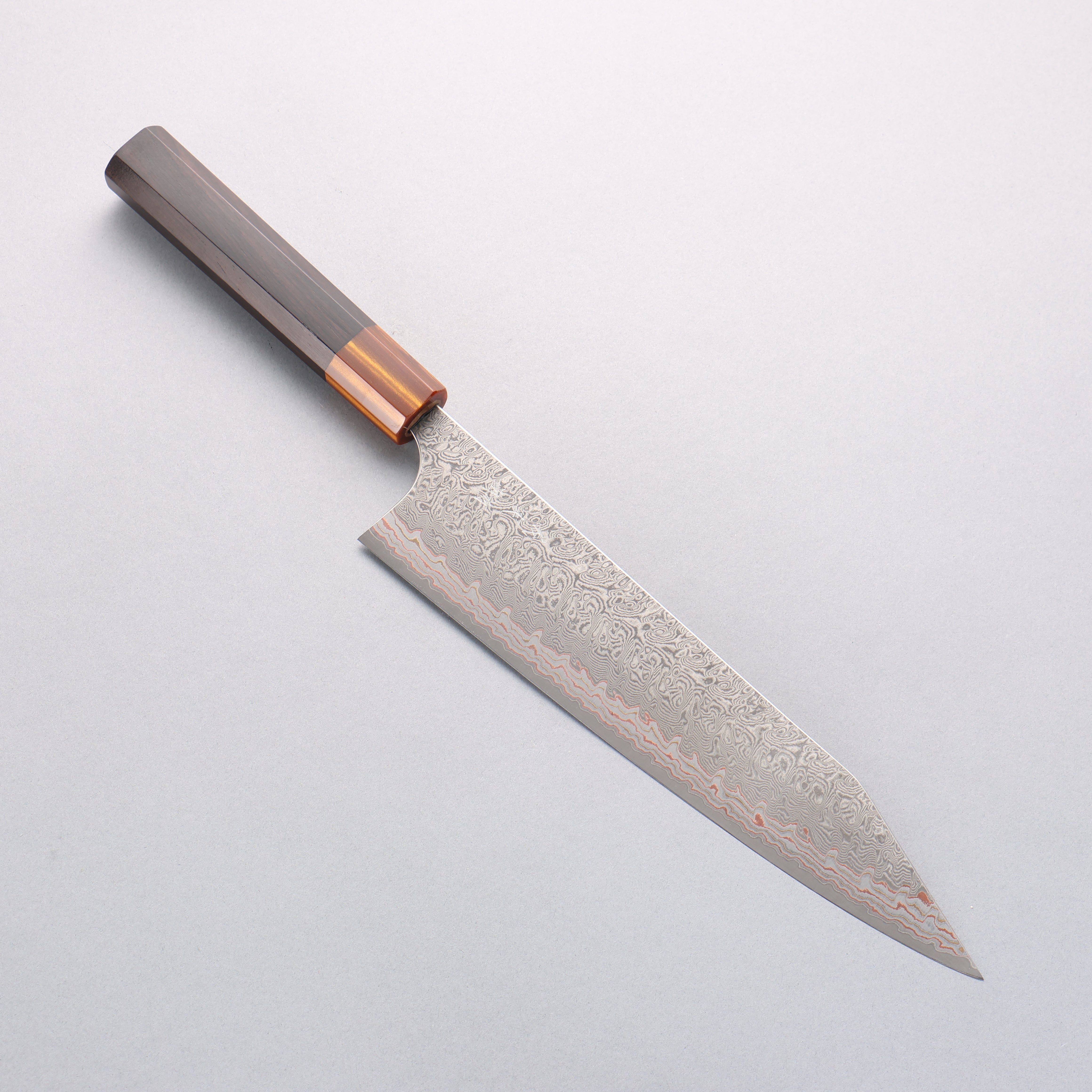 Yoshimi Kato VG10w Colored Damascus Kiritsuke Gyuto 240mm Ebony (ferrule: Orange Resin) Handle - Seisuke Knife