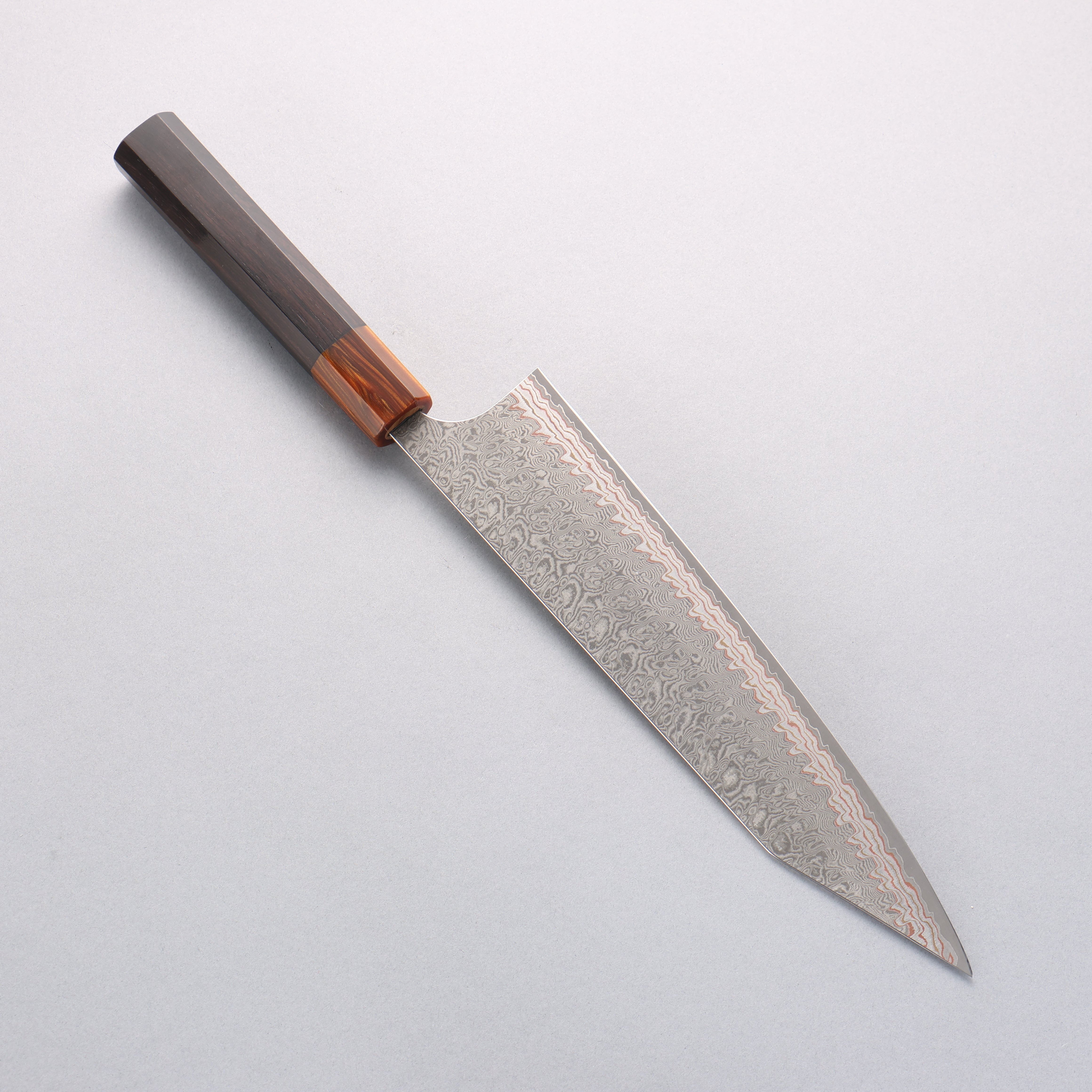 Yoshimi Kato VG10w Colored Damascus Kiritsuke Gyuto 240mm Ebony (ferrule: Orange Resin) Handle - Seisuke Knife