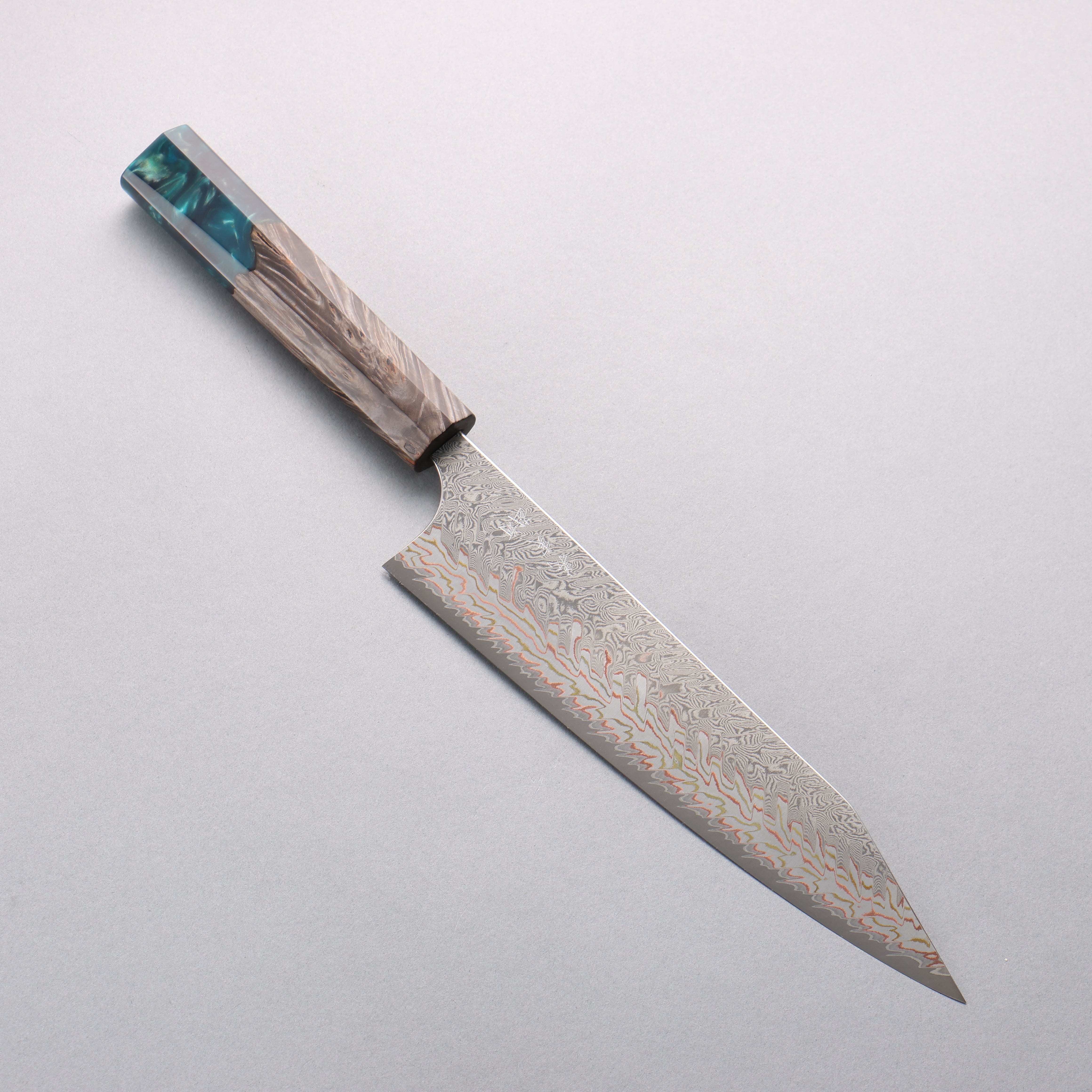 Yoshimi Kato VG10w Colored Damascus Kiritsuke Gyuto 210mm Black Stabilized Wood and Blue Resin (V Shaped) Handle - Seisuke Knife