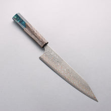  Yoshimi Kato VG10w Colored Damascus Kiritsuke Gyuto 210mm Black Stabilized Wood and Blue Resin (V Shaped) Handle - Seisuke Knife