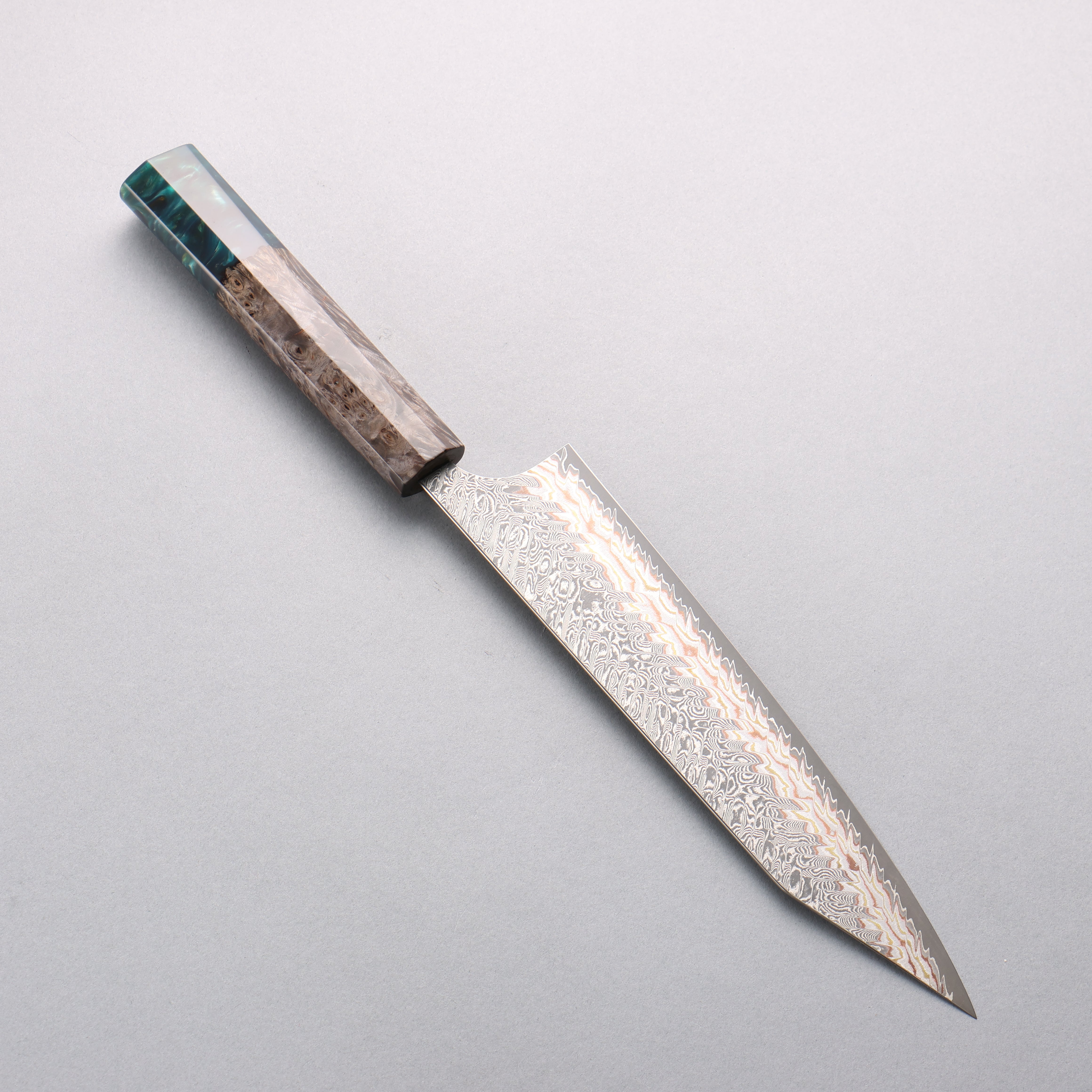 Yoshimi Kato VG10w Colored Damascus Kiritsuke Gyuto 210mm Black Stabilized Wood and Blue Resin (V Shaped) Handle - Seisuke Knife