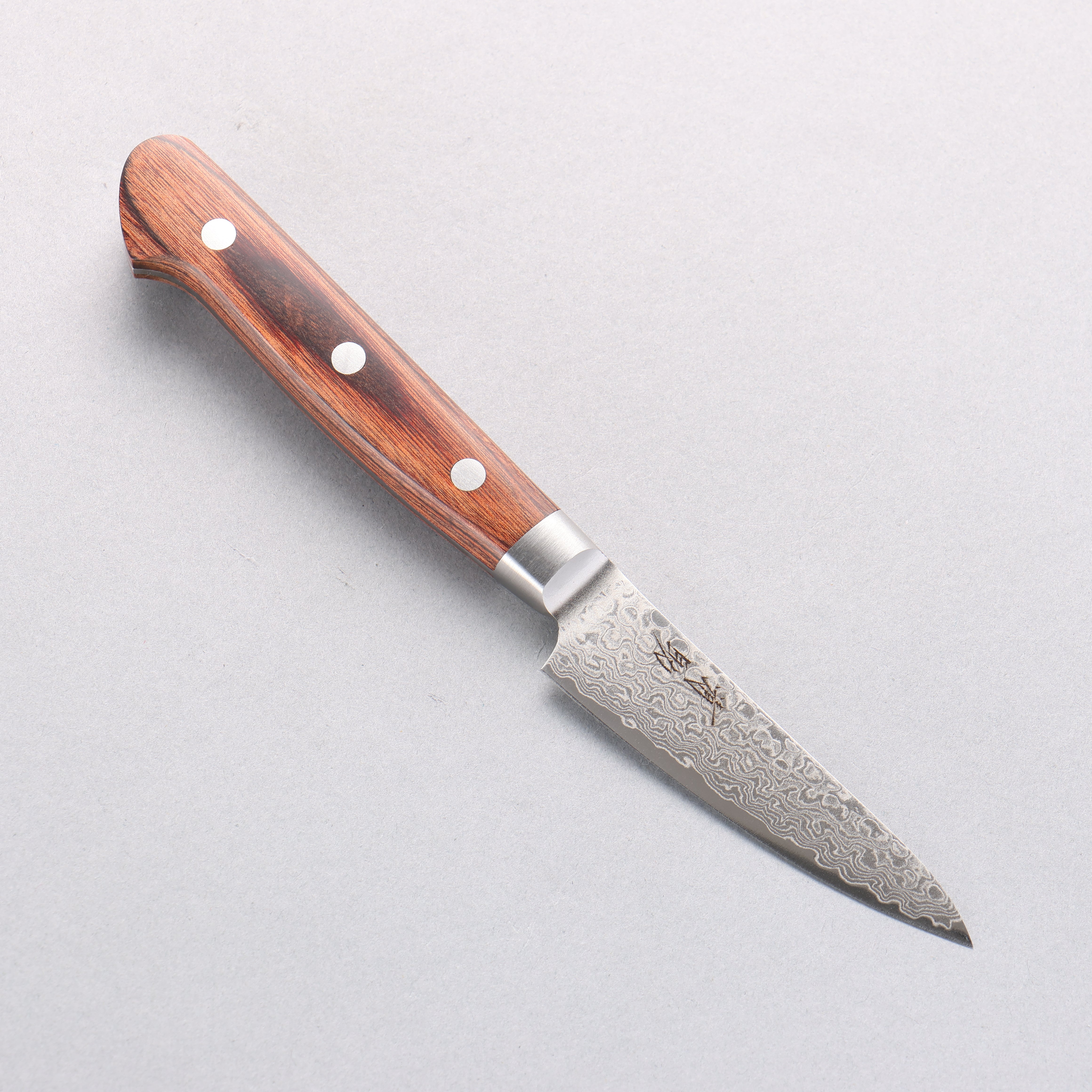 Seisuke Mokusei ZA-18 Mirrored Finish Damascus Petty-Utility 80mm Brown Pakkawood Handle - Seisuke Knife