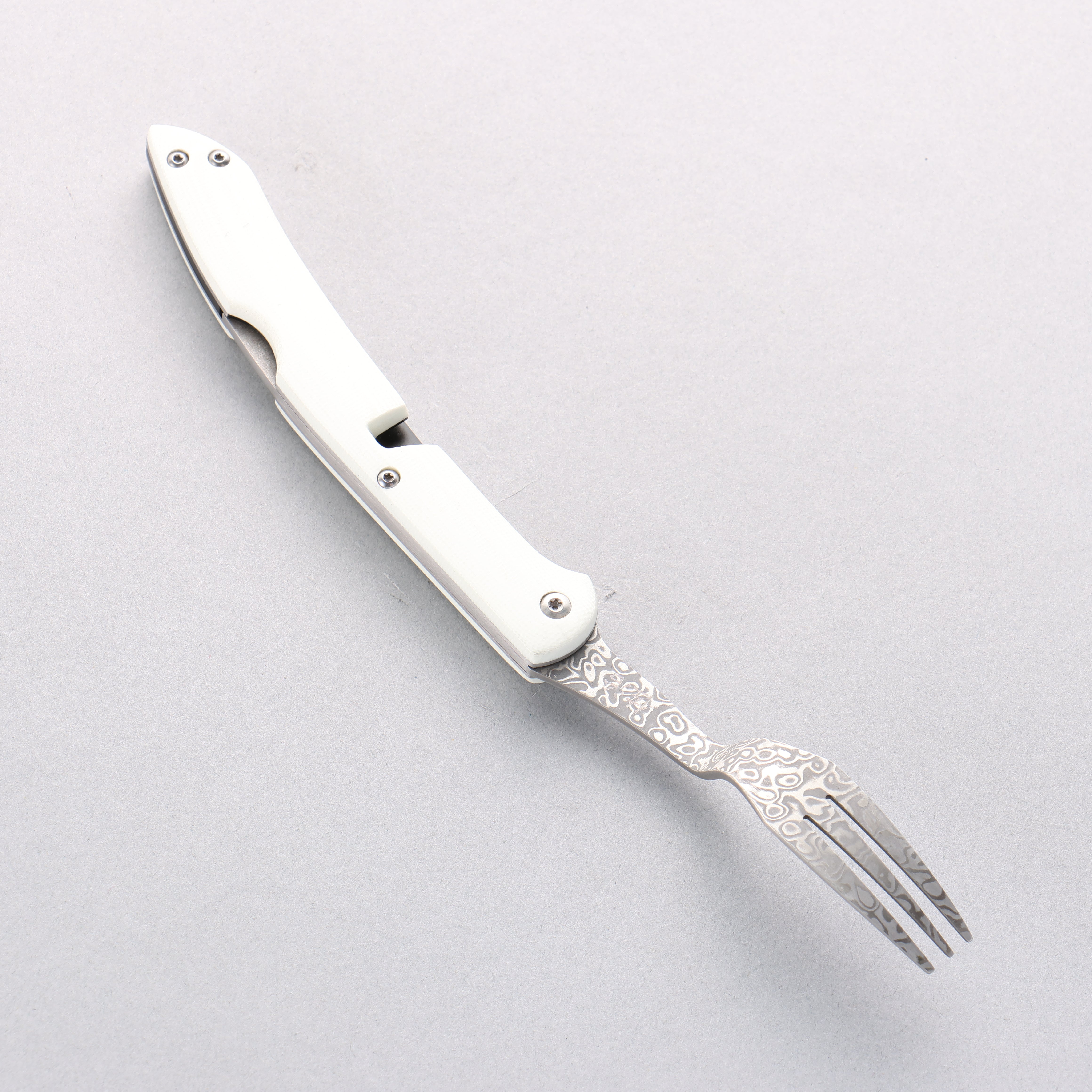 Takeshi Saji SG2 Black Damascus Folding Fork White Micarta Handle with Sheath - Seisuke Knife