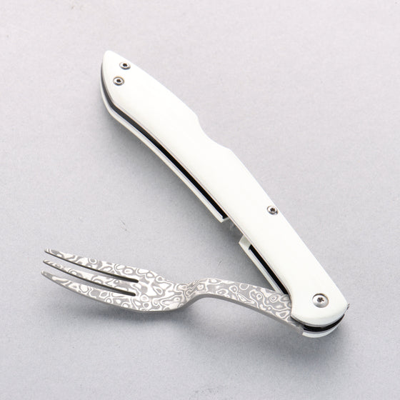 Takeshi Saji SG2 Black Damascus Folding Fork White Micarta Handle with Sheath - Seisuke Knife