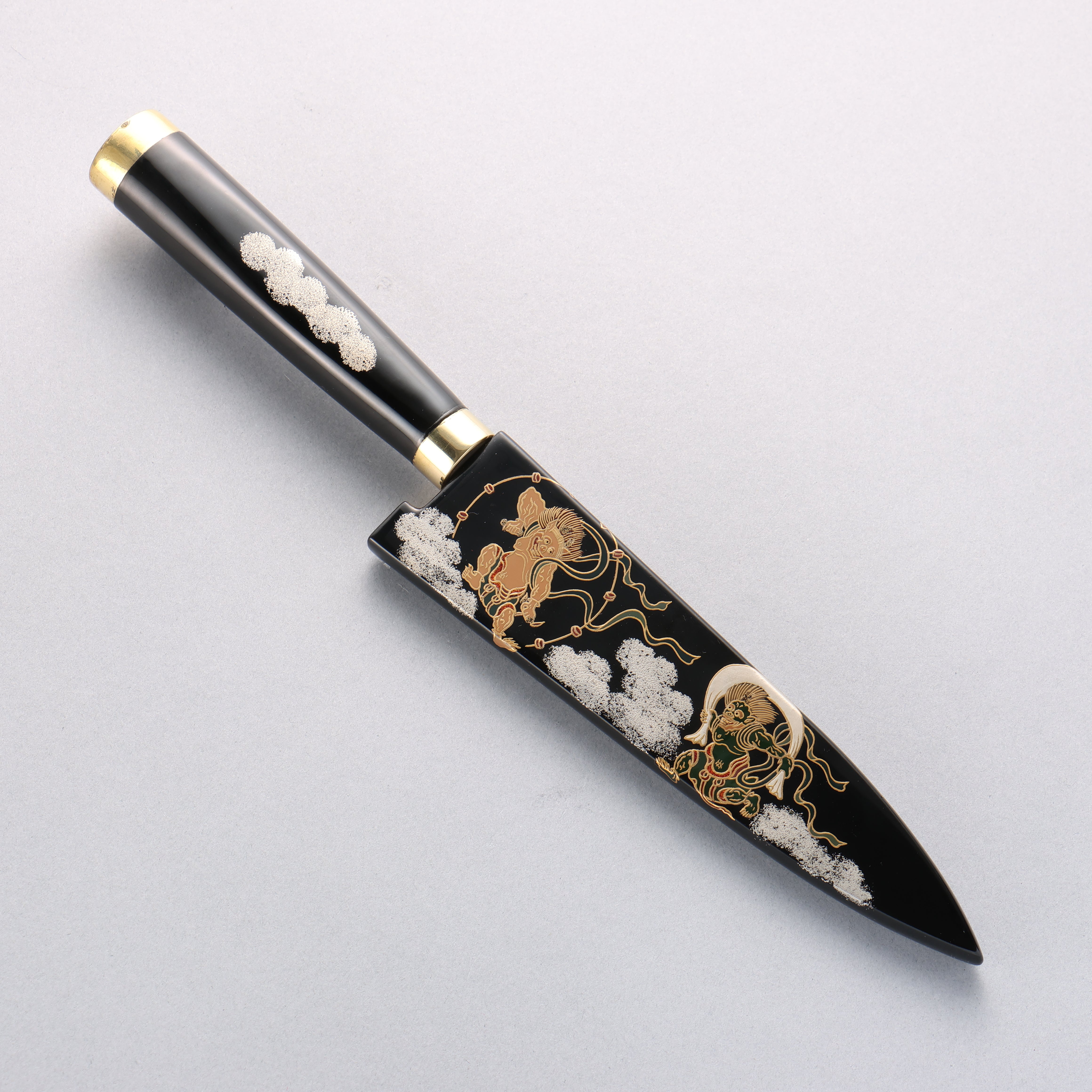 Takeshi Saji SG2 Diamond Finish Damascus Petty-Utility 135mm Maki-e Art Fujin&Raijin Handle with Sheath - Seisuke Knife