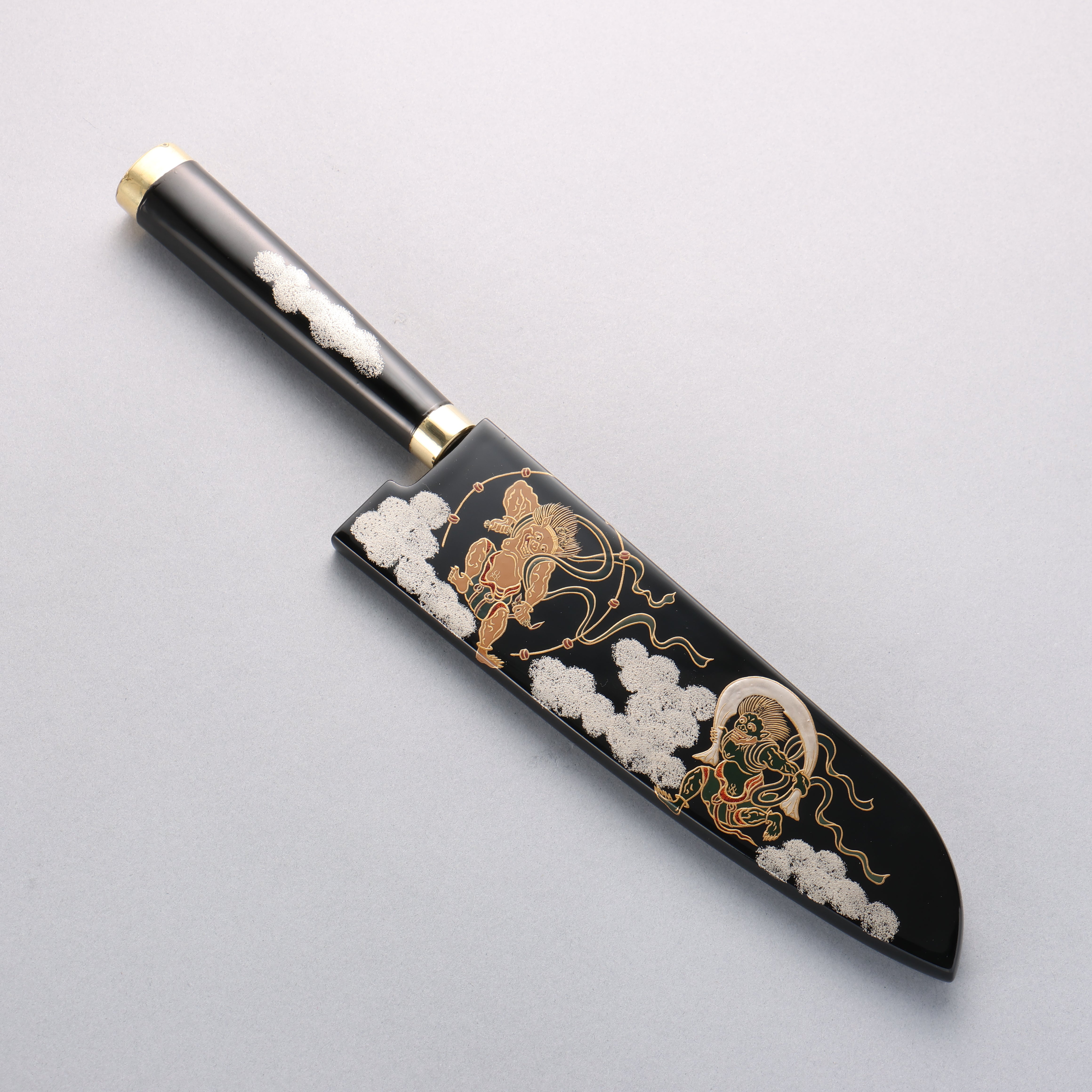 Takeshi Saji SG2 Diamond Finish Damascus Santoku 180mm Maki-e Art Fujin&Raijin Handle with Sheath - Seisuke Knife