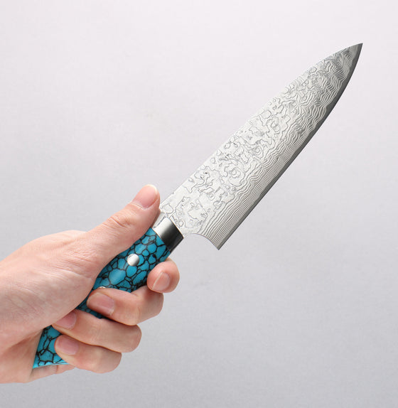 Takeshi Saji New Nomura Style SG2 Diamond Finish Damascus Petty-Utility 150mm Blue Turquoise Handle - Seisuke Knife