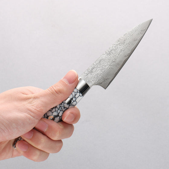 Takeshi Saji SG2 Diamond Finish Damascus Petty-Utility 90mm White Turquoise Handle - Seisuke Knife
