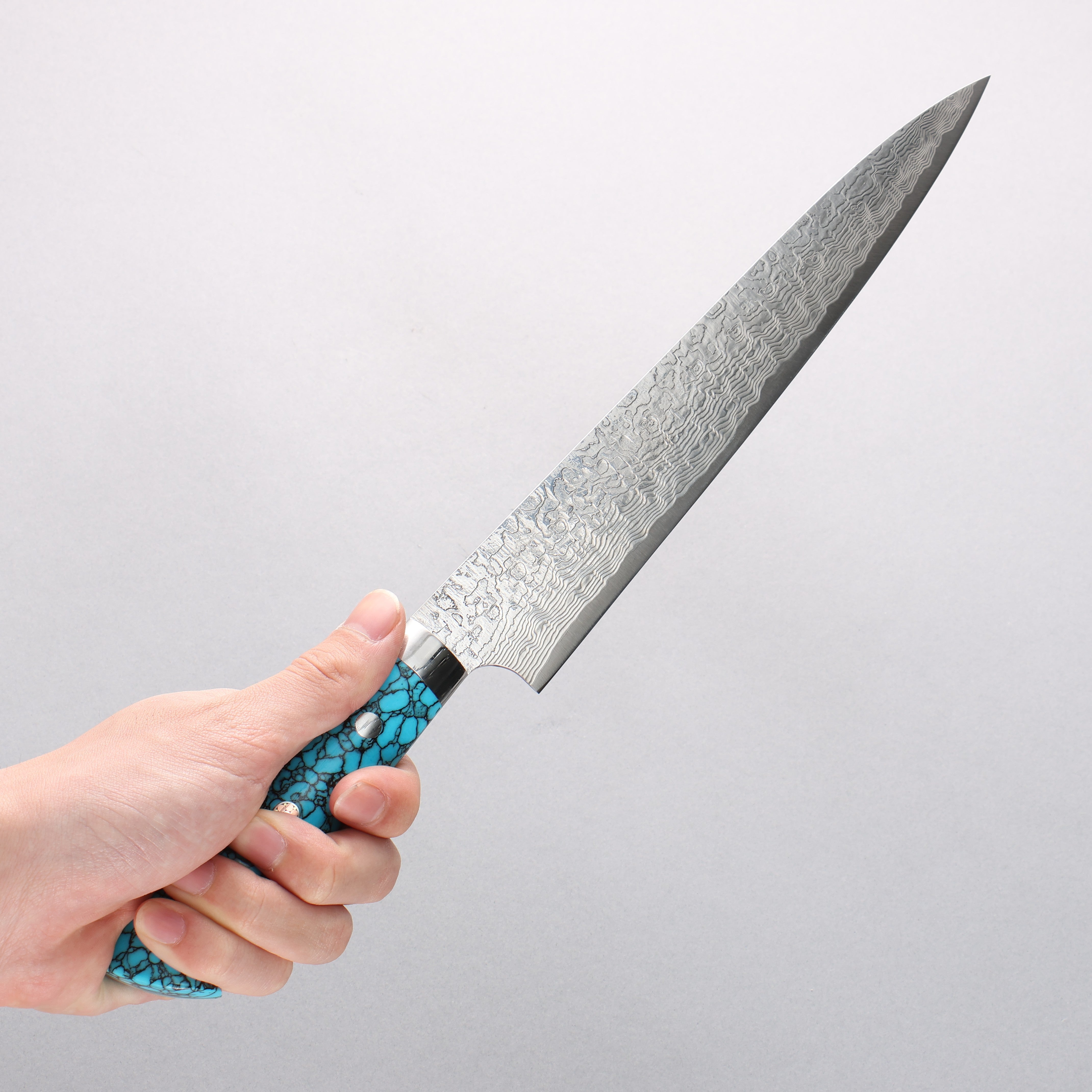 Takeshi Saji SG2 Diamond Finish Damascus Sujihiki 240mm Blue Turquoise Handle - Seisuke Knife